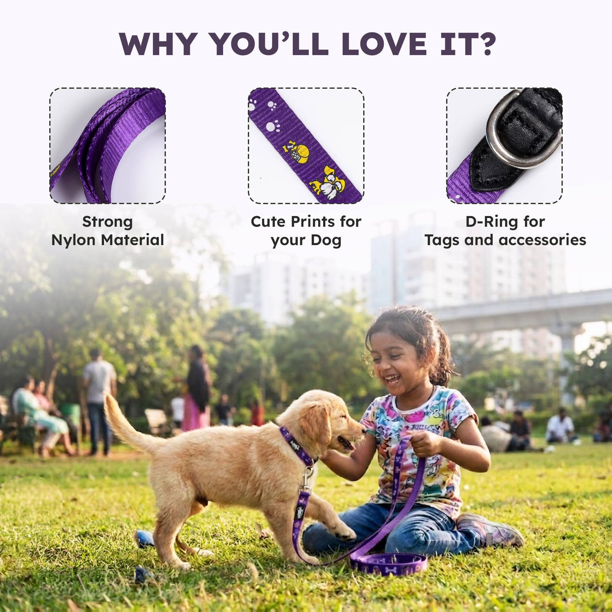 Adil’s Nylon Paw Print Dog Leash – 19mm Wide 5ft Long Durable Lead with 360° Swivel Hook Loop Handle Metal D-Ring Walking Training for Small Medium Pets