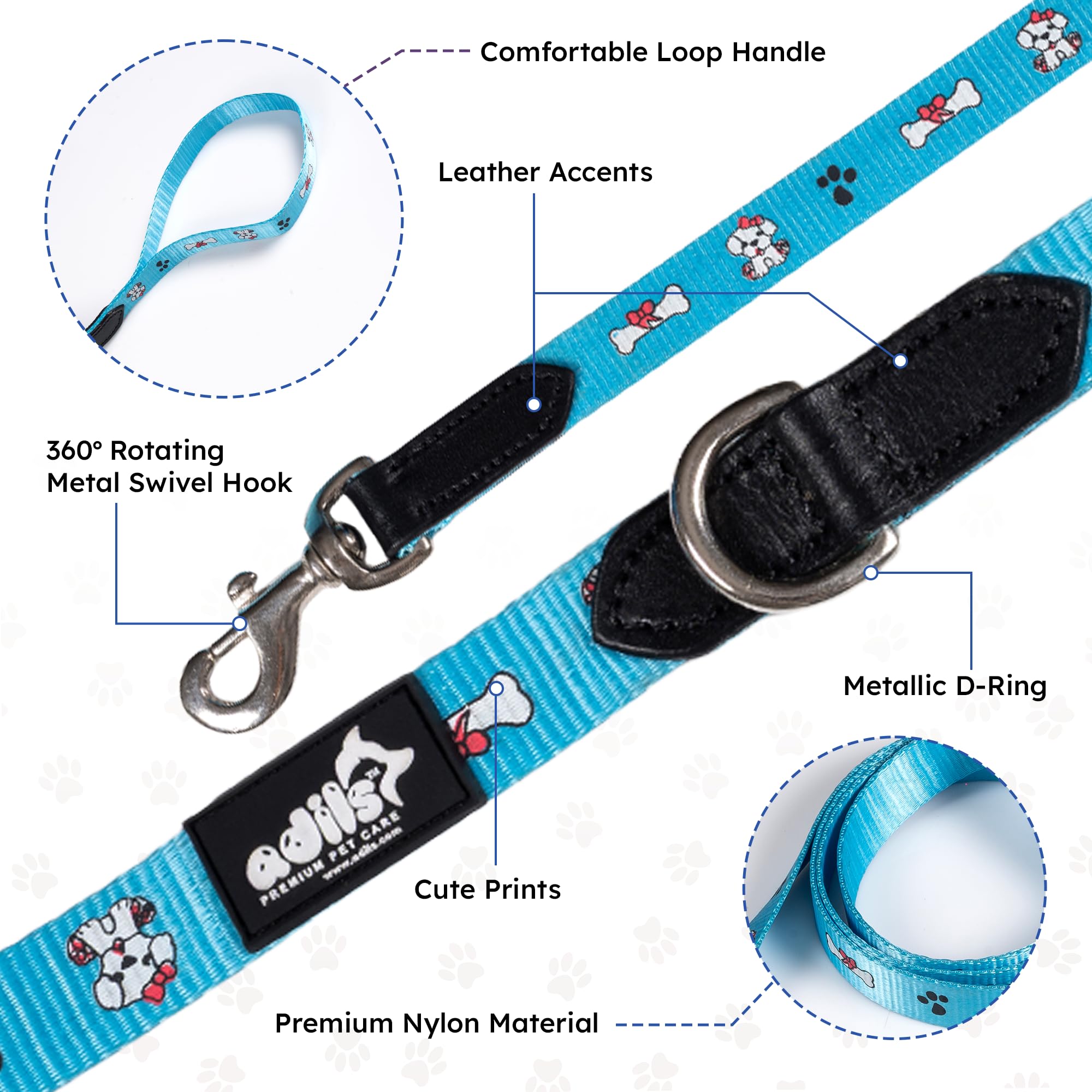 Adil’s Nylon Paw Print Dog Leash – 19mm Wide 5ft Long Durable Lead with 360° Swivel Hook Loop Handle Metal D-Ring Walking Training for Small Medium Pets
