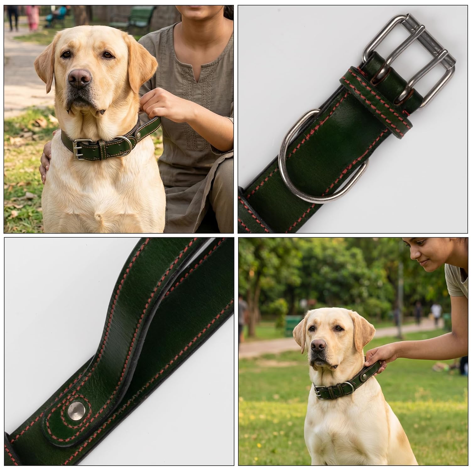 Adil's Leather Dog Collar with Control Handle 1.5 inch Wide Double Pin Buckle Built-in Quick Grab Pull Strap D-Ring for ID Card Training Walking Skin Friendly Neckbelt Medium Large Dogs
