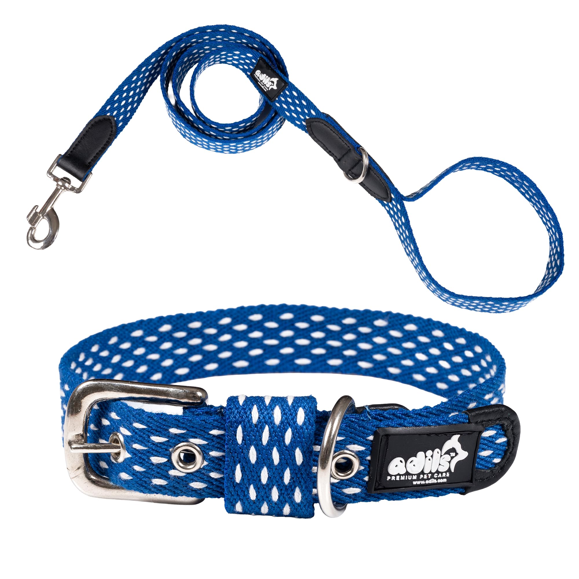 Adil’s Cotton Dotted Dog Collar & Leash Combo – Adjustable with Leather, 360° Swivel Hook, D-Ring, 5ft Leash for All Dogs (Navy Blue with White Dot, S(12''-16''))