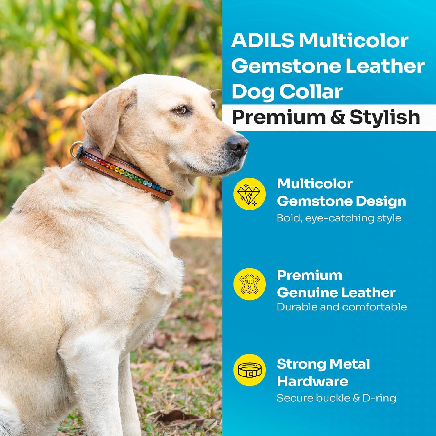 Adil’s Crystal Dog Collar, 1 inch Wide Green Gemstone Chain Leather Dog Collars for Small Medium Large Dogs, Adjustable Collars with Strong Metal Buckle & D-Ring