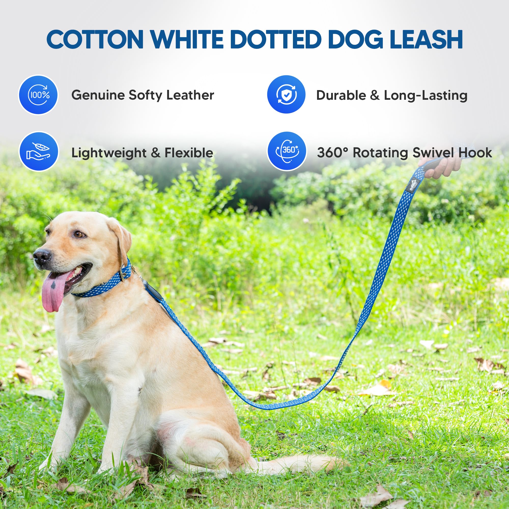 Adil’s 5ft Cotton Dotted Dog Leash with Leather Grip & 360° Swivel Hook – Durable, Comfy & Tangle-Free for All Dog Sizes