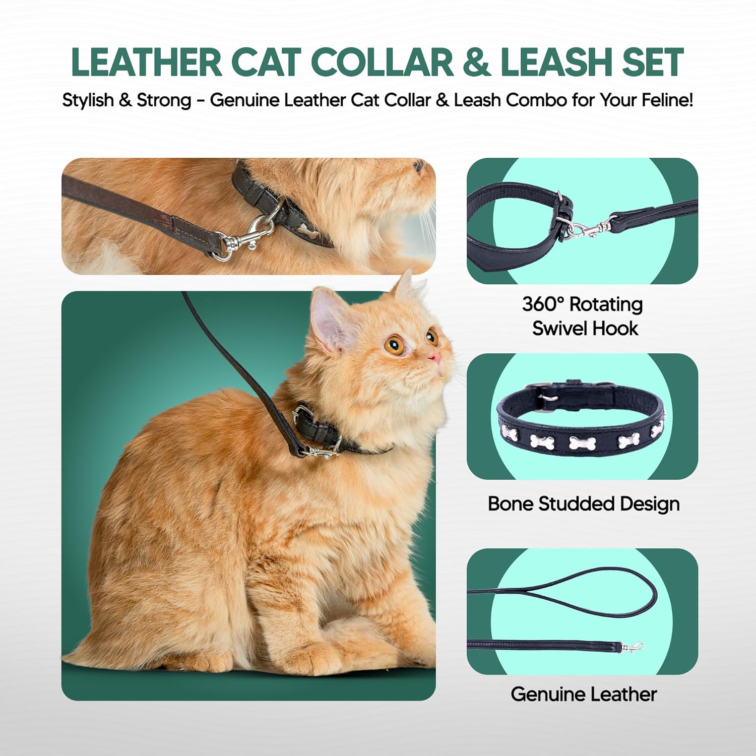 Adil’S Leather Cat Collar & Leash Set - Stylish Six Bone Studded Design Collar, Genuine Leather, Adjustable Buckle & Secure 5ft Leash for Safe and Comfortable Outdoor Activity (Brown)