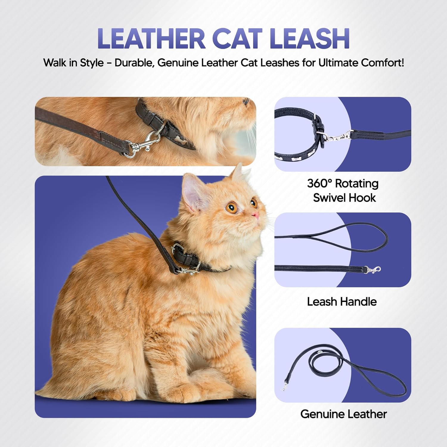 Adil’S Leather Cat Leash – Durable, Stylish & Comfortable Genuine Leather 4ft Long Leash with Secure Trigger Snap Hook for Safe Walks and Outdoor Adventures