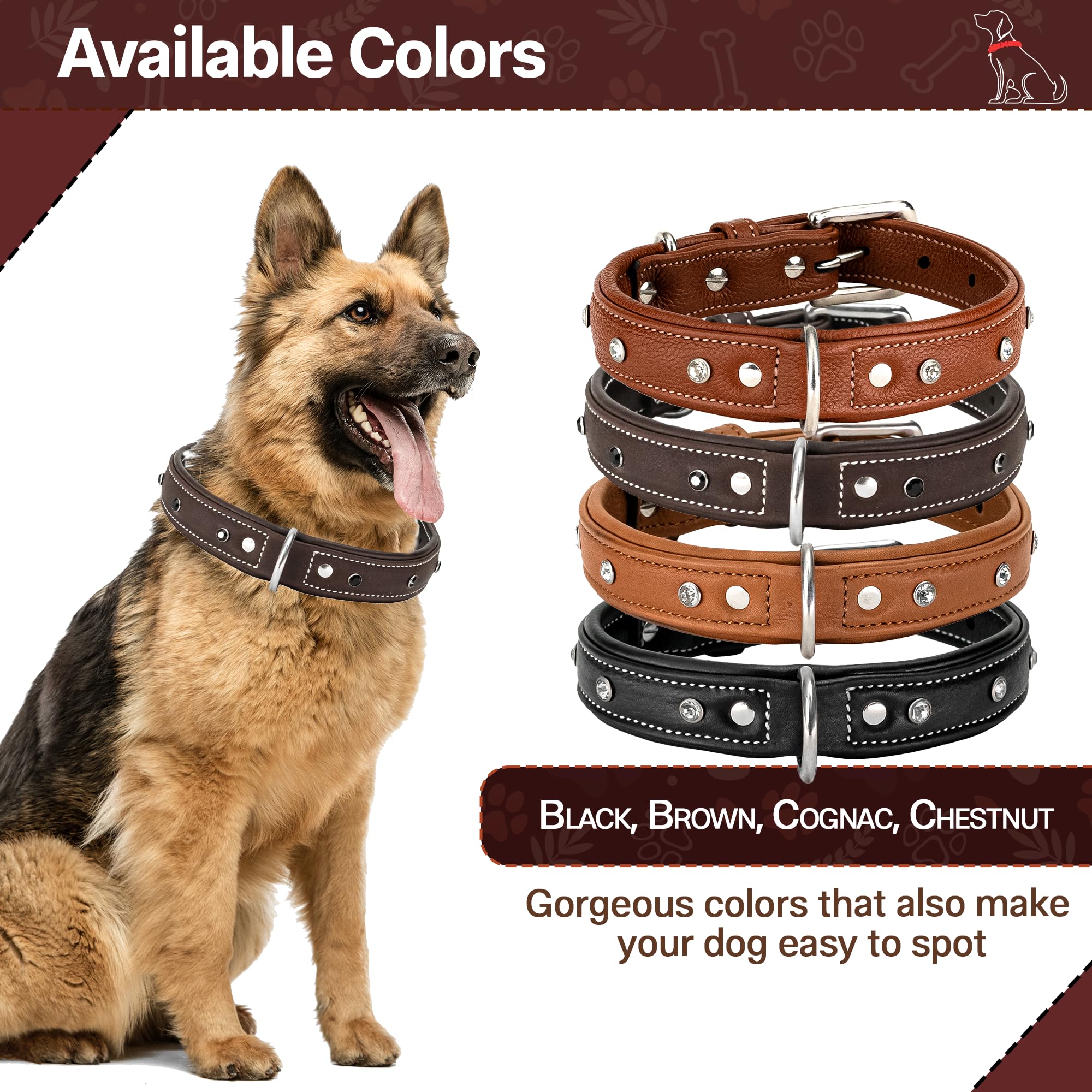 Adil’S Black Studded Softy Leather Dog Collar 1inch Width Suitable for Small, Medium & Large Dogs with Strong Metal Buckle & D-Ring for leashes, Size: S to XL, Brown (S, Black Stud)