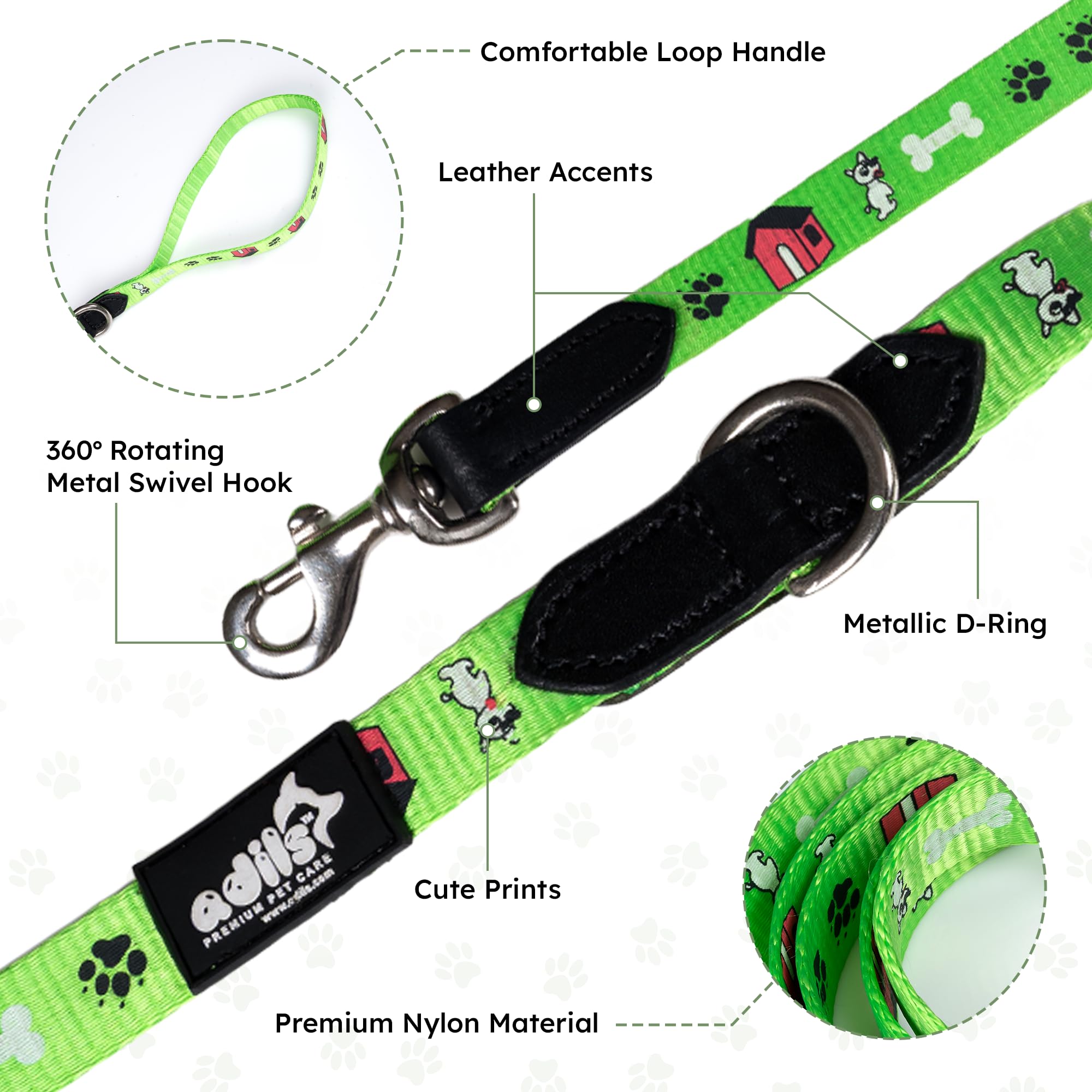 Adil’s Nylon Paw Print Dog Leash – 19mm Wide 5ft Long Durable Lead with 360° Swivel Hook Loop Handle Metal D-Ring Walking Training for Small Medium Pets