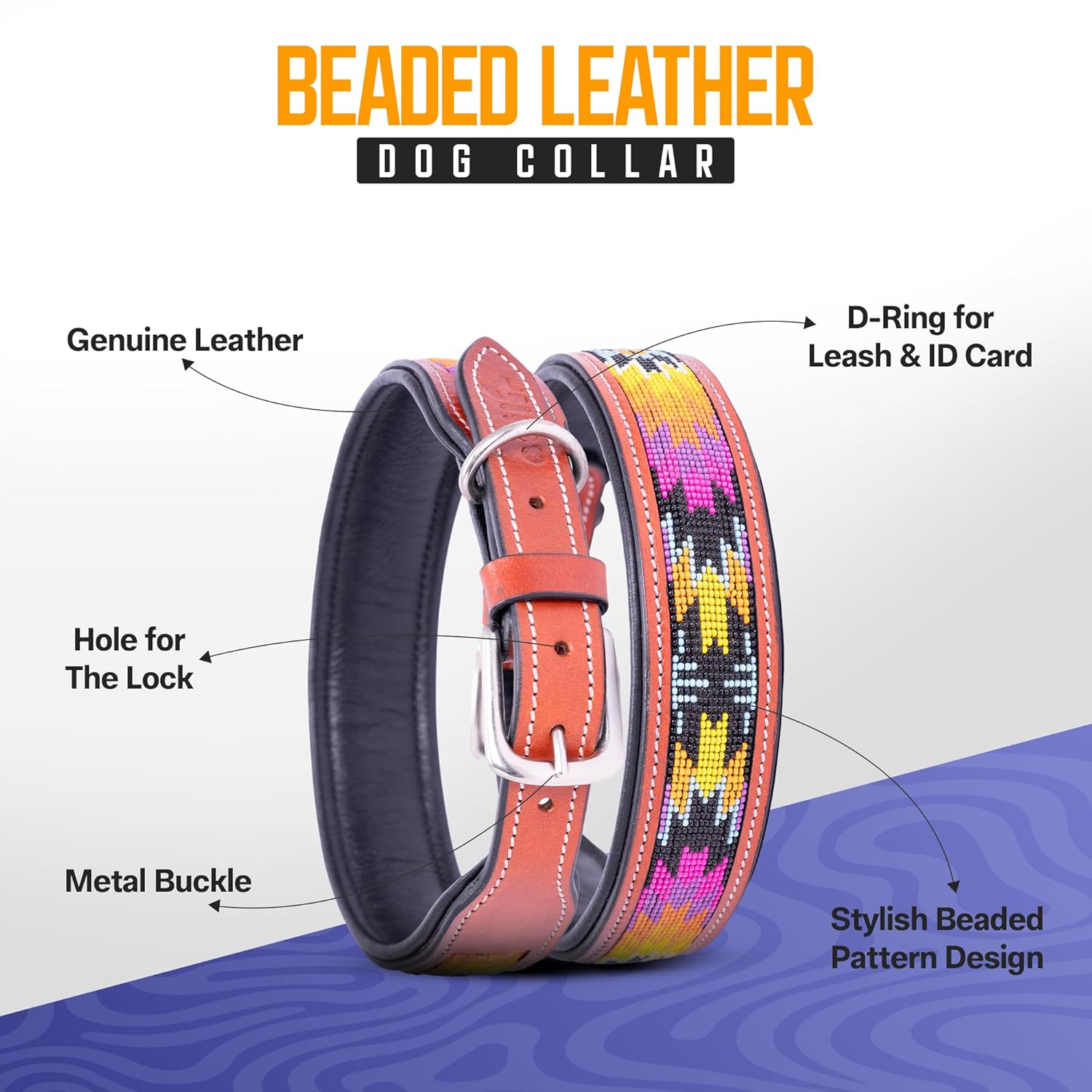 Adil’S Beaded Leather Dog Collar 1.5 Inch Width, Hand Tooled Adjustable Beaded Dog Collars with Strong Metal Buckle & D-Ring Suitable Dogs