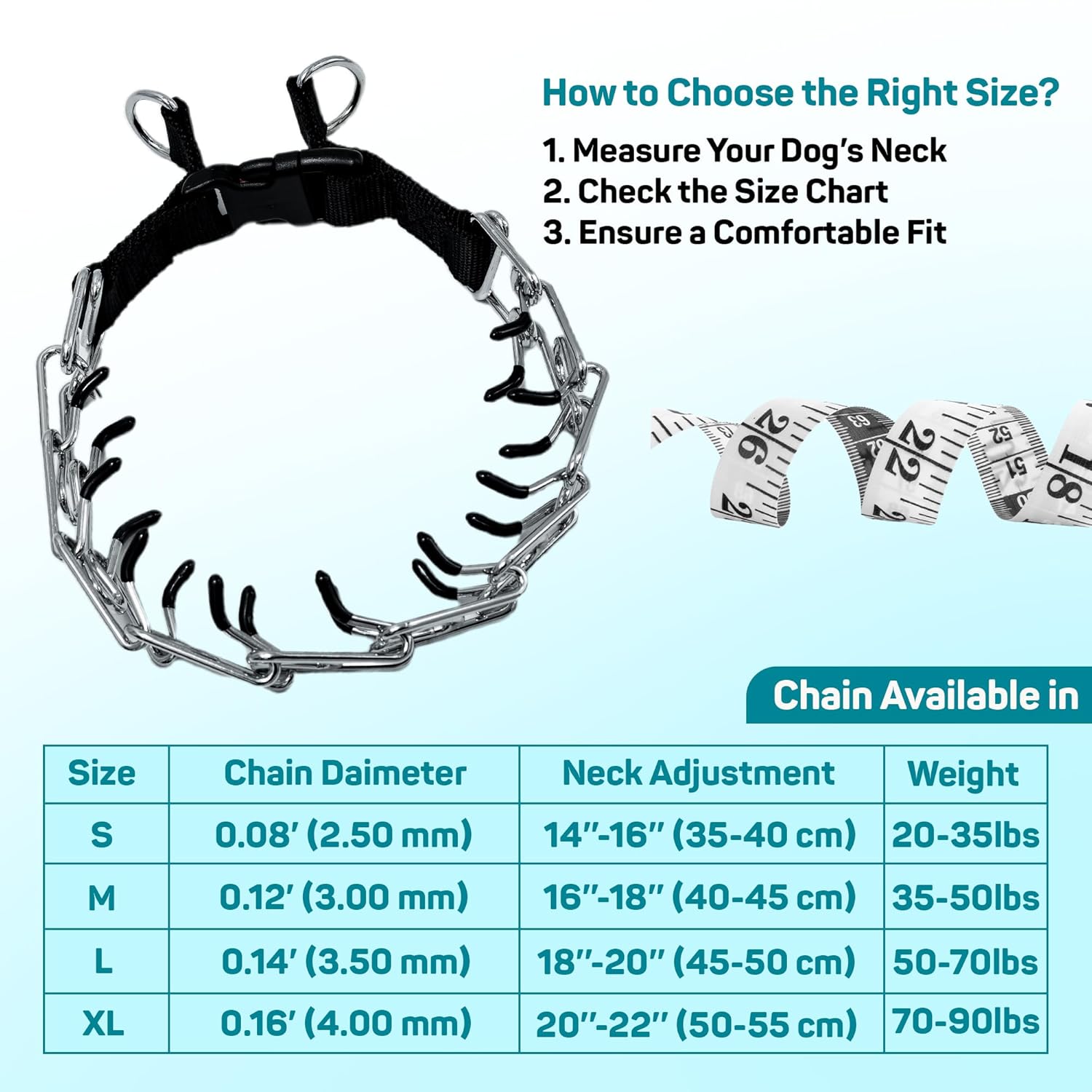 ADIL'S Prong Dog Collar with Protective Black End Plastic Caps - Adjustable Choke Collar with Quick-Release Buckle