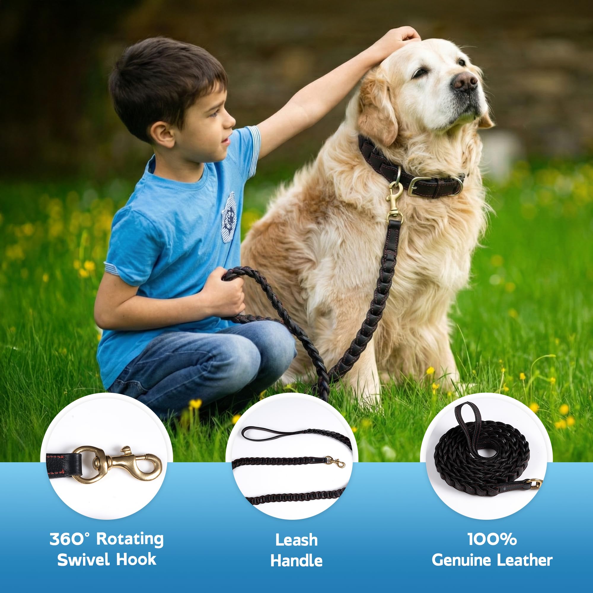Adil’s Genuine Leather Loop Dog Leash – Heavy-Duty 5ft Leather Leash with Soft Inner Padding Strong Stitch Finish & 360° Rotating Swivel Hook for Safe Comfortable Control for Small Medium & Large Dogs