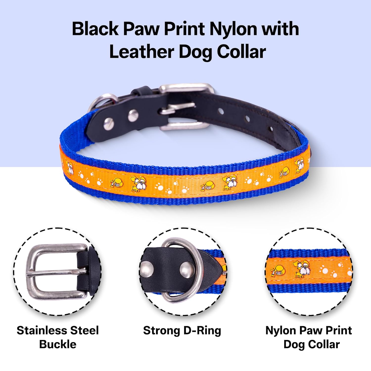 Nylon Dog Collar with Paw Print, Adjustable Metal Buckle
