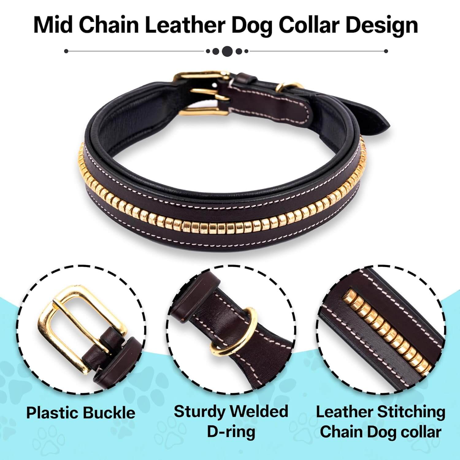 Adil's Genuine Leather 1.5" Mid Chain Dog Collar for Medium to Large Dogs