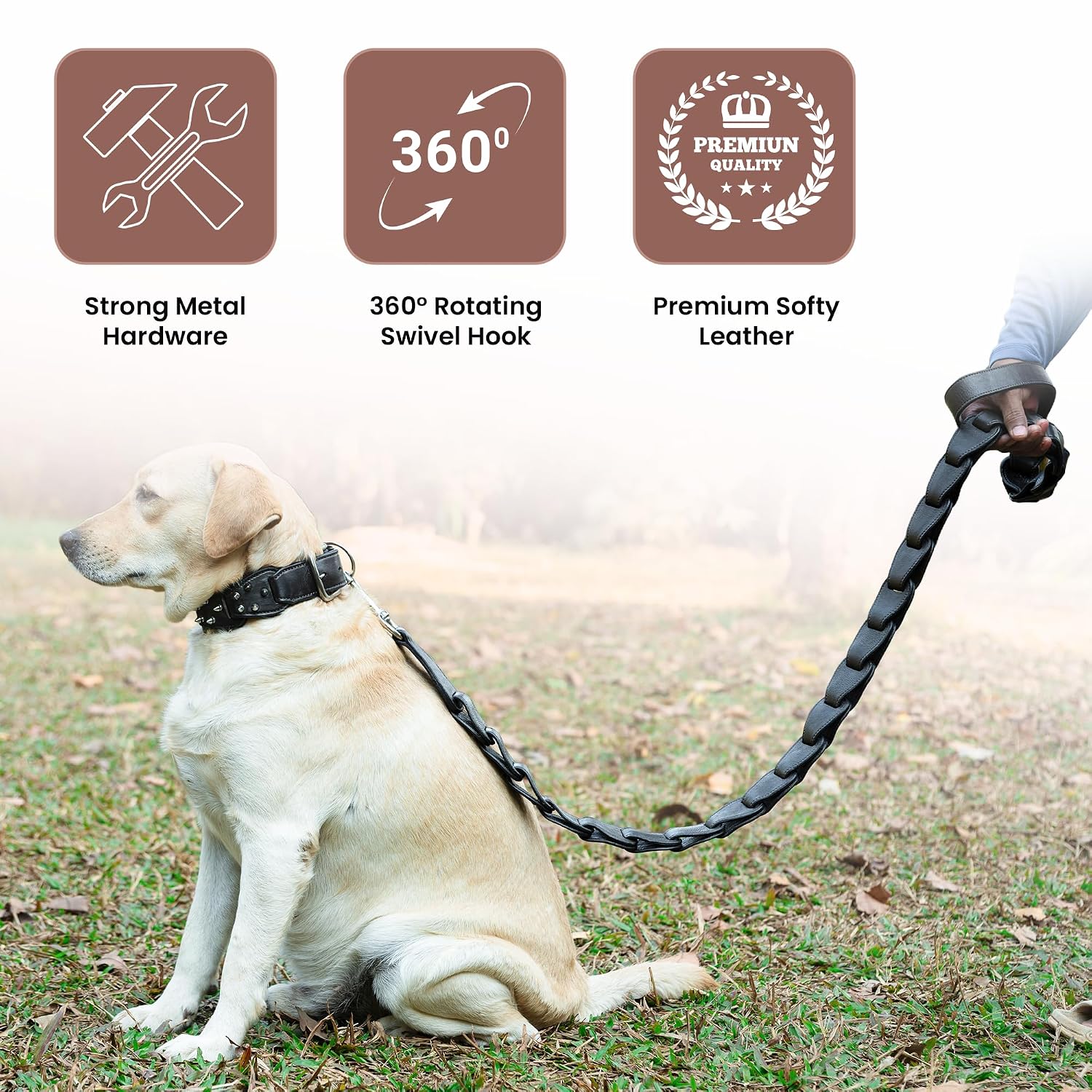 Adil’s Personalized Leather Loop Spike Dog Collar & Leash Combo Set 1.5" Wide Adjustable Neckbelt Metal Buckle D-Ring 5Ft Leather Heavy Duty Loop Cord with 360 Swivel Hook for Training Walking