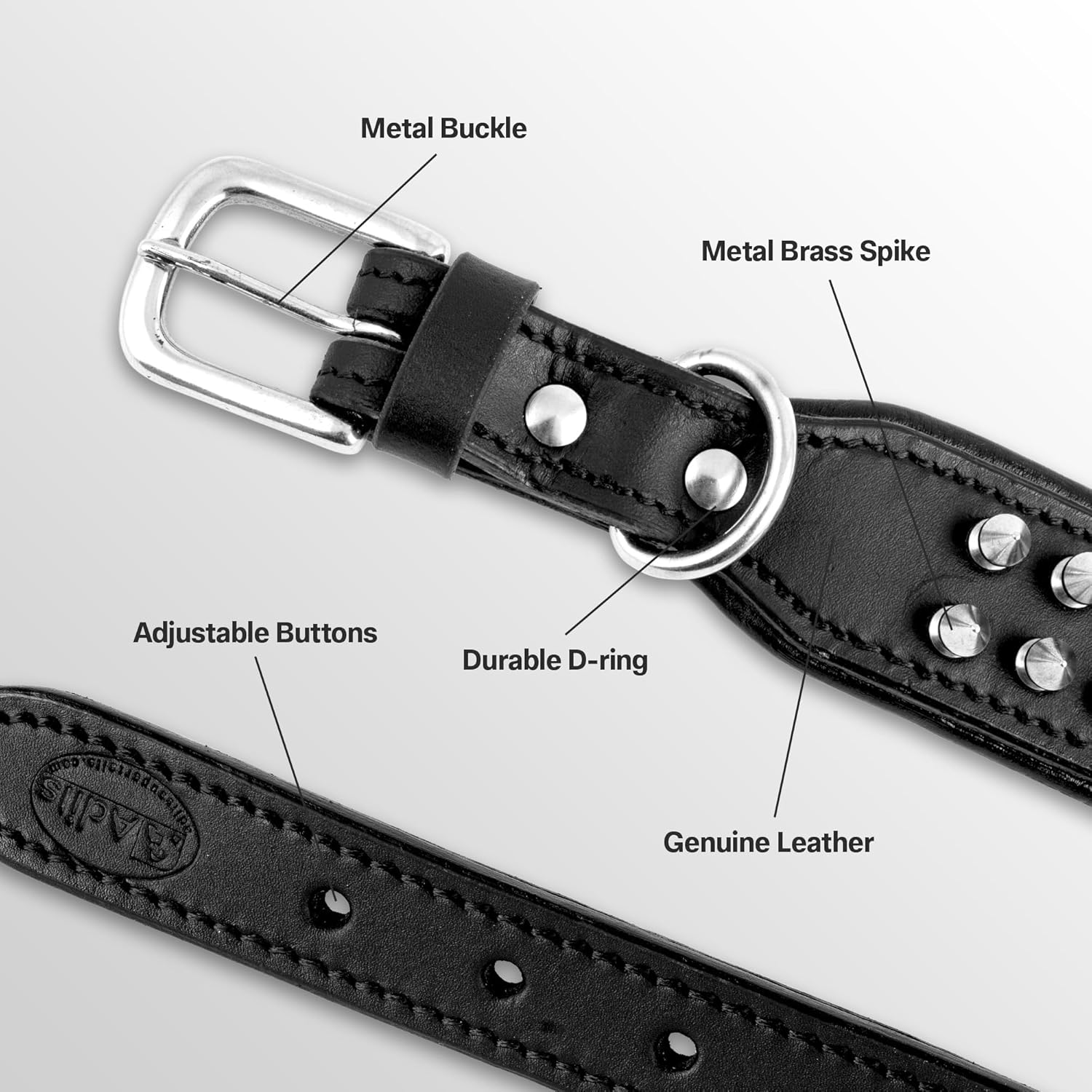 ADIL'S Leather Dog Collar With Spike, Adjustable Metal Buckle Studded Collars For Small, Medium, & Large Dog With D Ring, Width: 38Mm