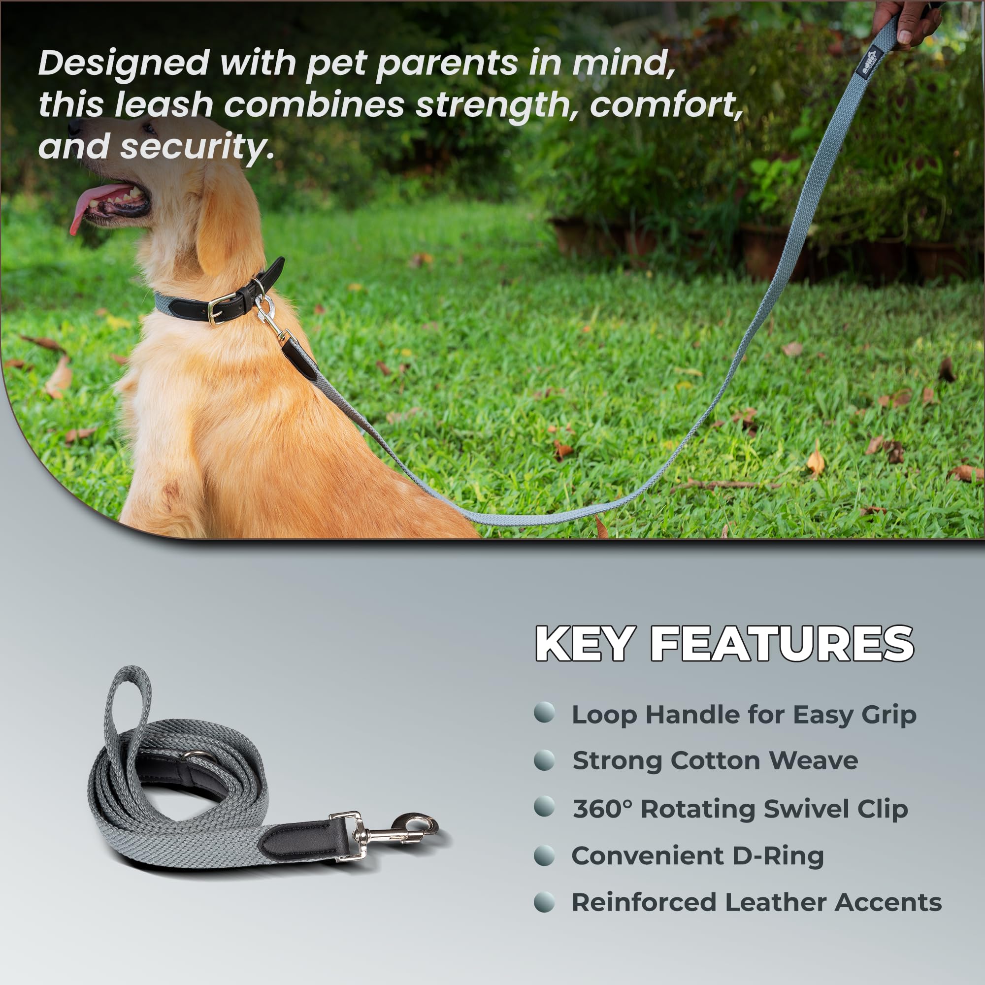Adil’s 5FT Adjustable Cotton Dog Leash with Soft Leather Handle – Durable Long Lead with 360° Swivel Hook – Strong, Tangle-Free Leash for Walking & Training Small, Medium & Large Dogs