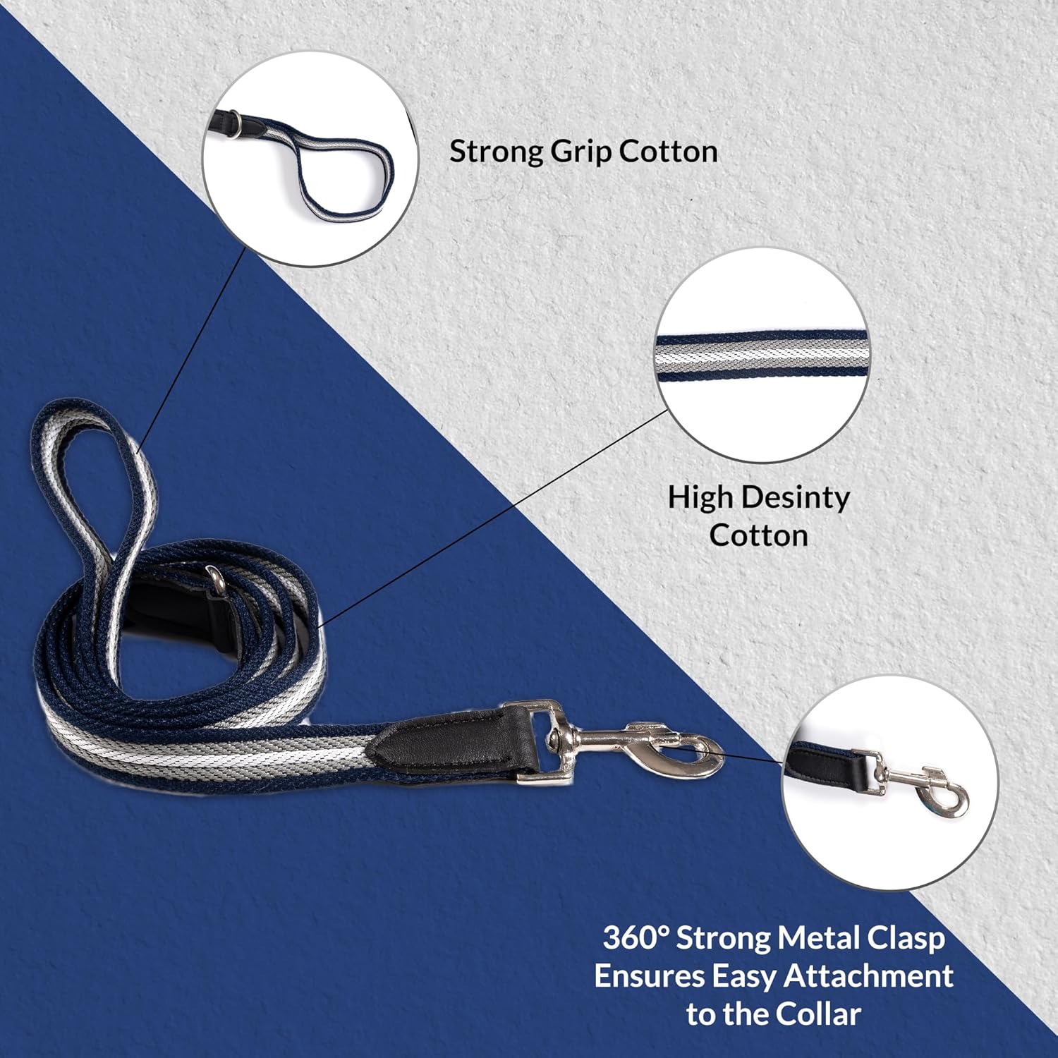 Adil’s Multi Color Cotton Dog Collar & Leash Combo Set | Durable High-Density Cotton with Metal Buckle, Adjustable Holes & 5 Ft Leash for Small, Medium & Large Dogs (Grey White Blue, XL)