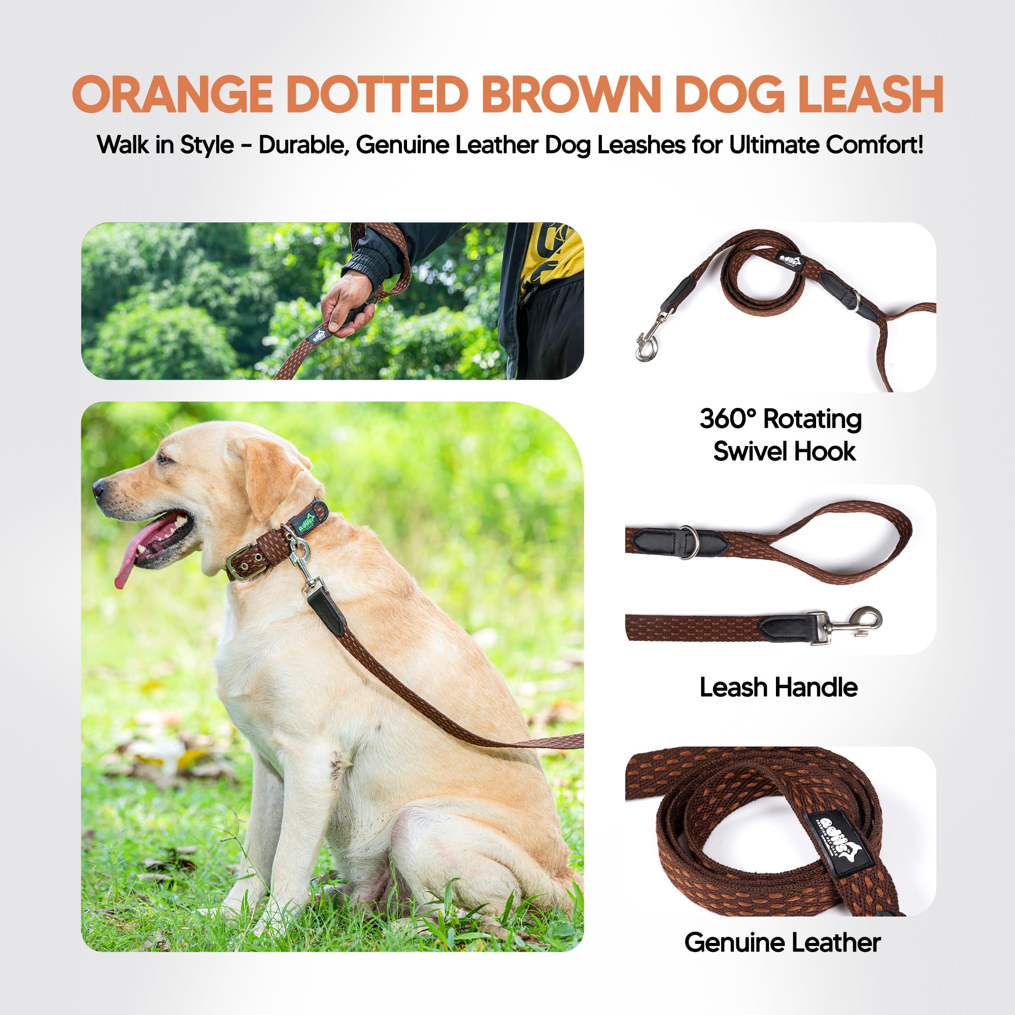 Adil’s 5ft Cotton Dotted Dog Leash with Leather Grip & 360° Swivel Hook – Durable, Comfy & Tangle-Free for All Dog Sizes