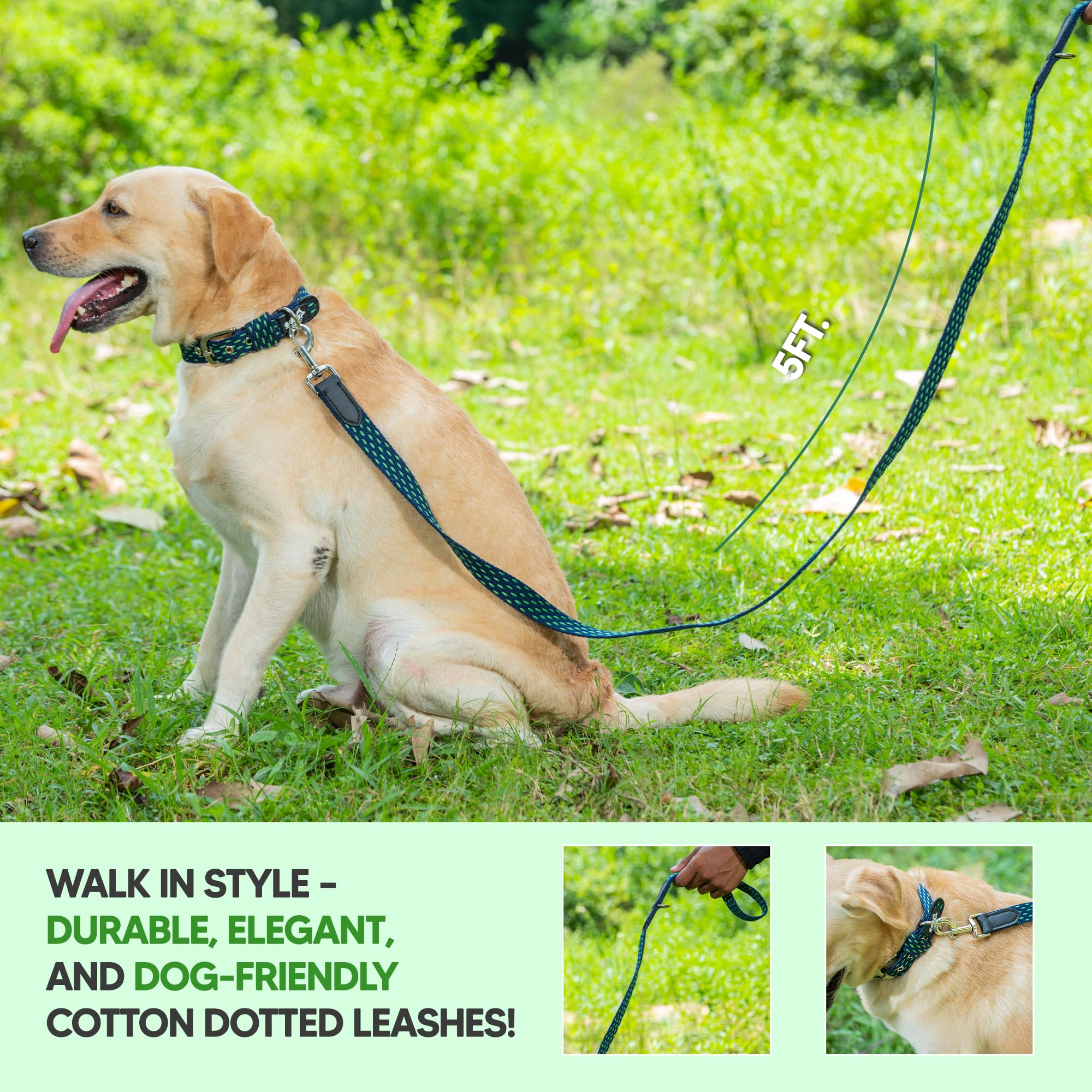 Adil’s 5ft Cotton Dotted Dog Leash with Leather Grip & 360° Swivel Hook – Durable, Comfy & Tangle-Free for All Dog Sizes