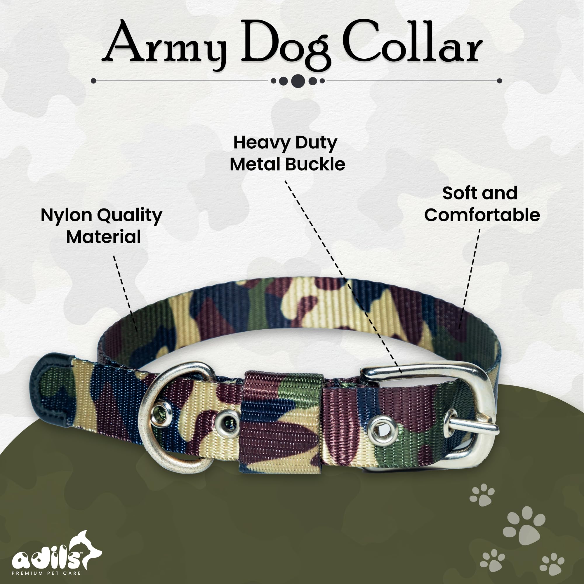 Adil’S Adjustable Army Dog Collar - Heavy-Duty Military Print Comfortable Nylon Dog Collar with Metal Buckle for All Dog Sizes | Ideal for Adventure and Everyday Wear