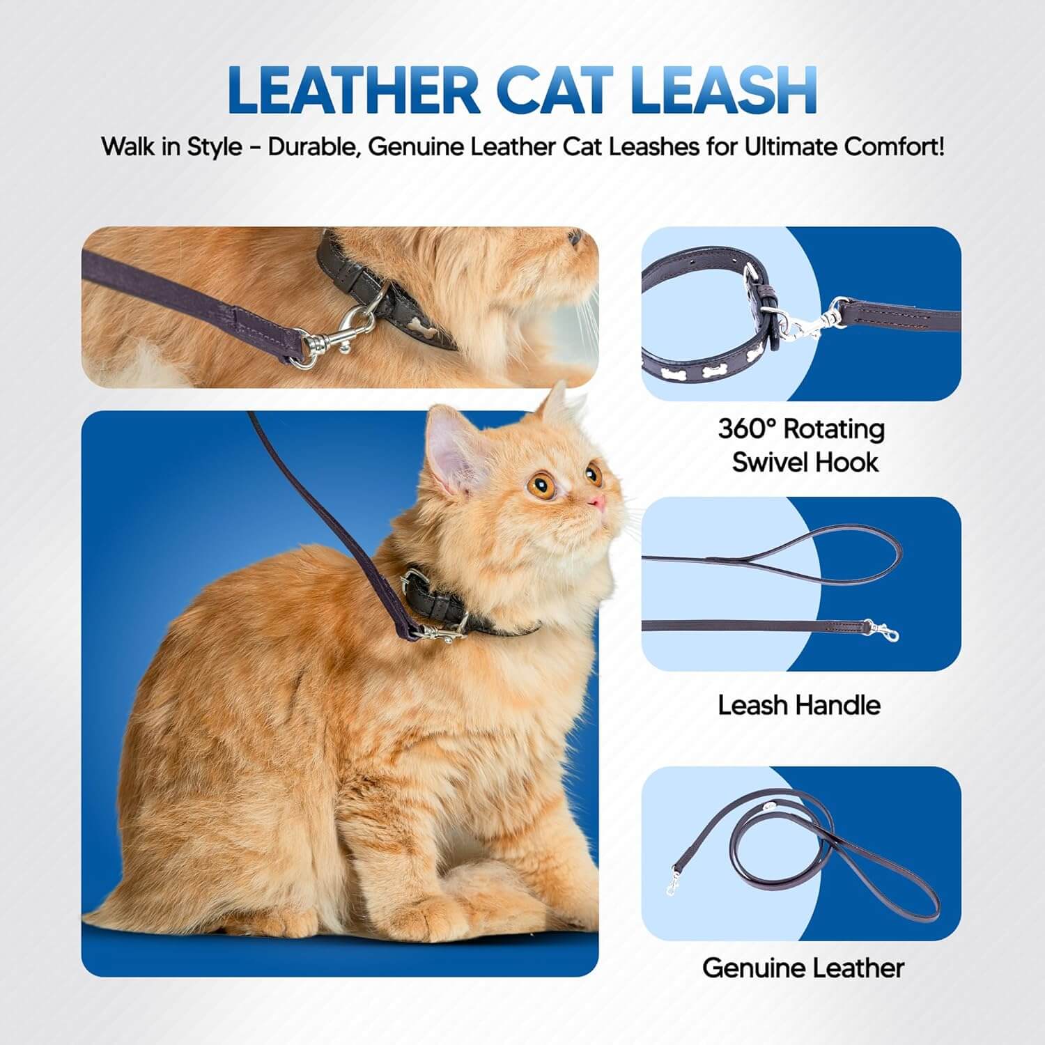 Adil’S Leather Cat Leash – Durable, Stylish & Comfortable Genuine Leather 4ft Long Leash with Secure Trigger Snap Hook for Safe Walks and Outdoor Adventures