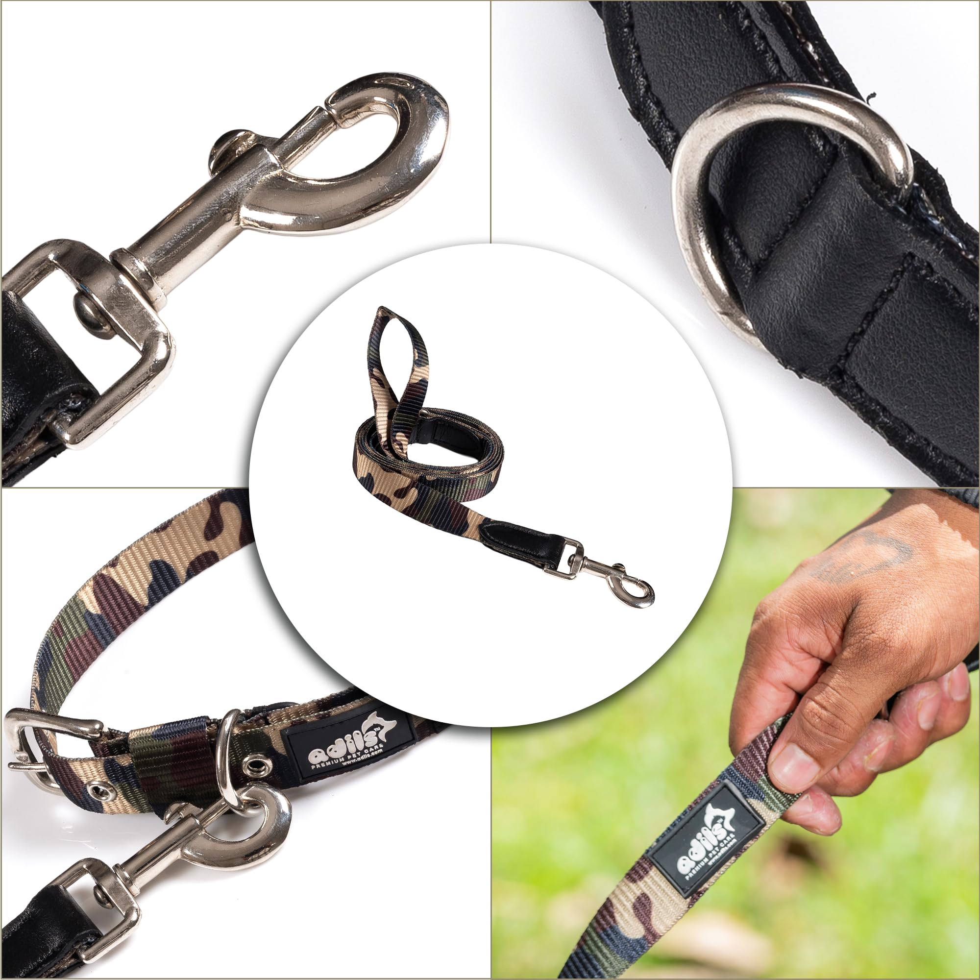 Adil’s Nylon Adjustable Dog Leash in Army Print with Soft Leather Handle, Heavy-Duty Strap & 360° Swivel Hook – Durable Training & Walking Leash for Small, Medium & Large Pets.