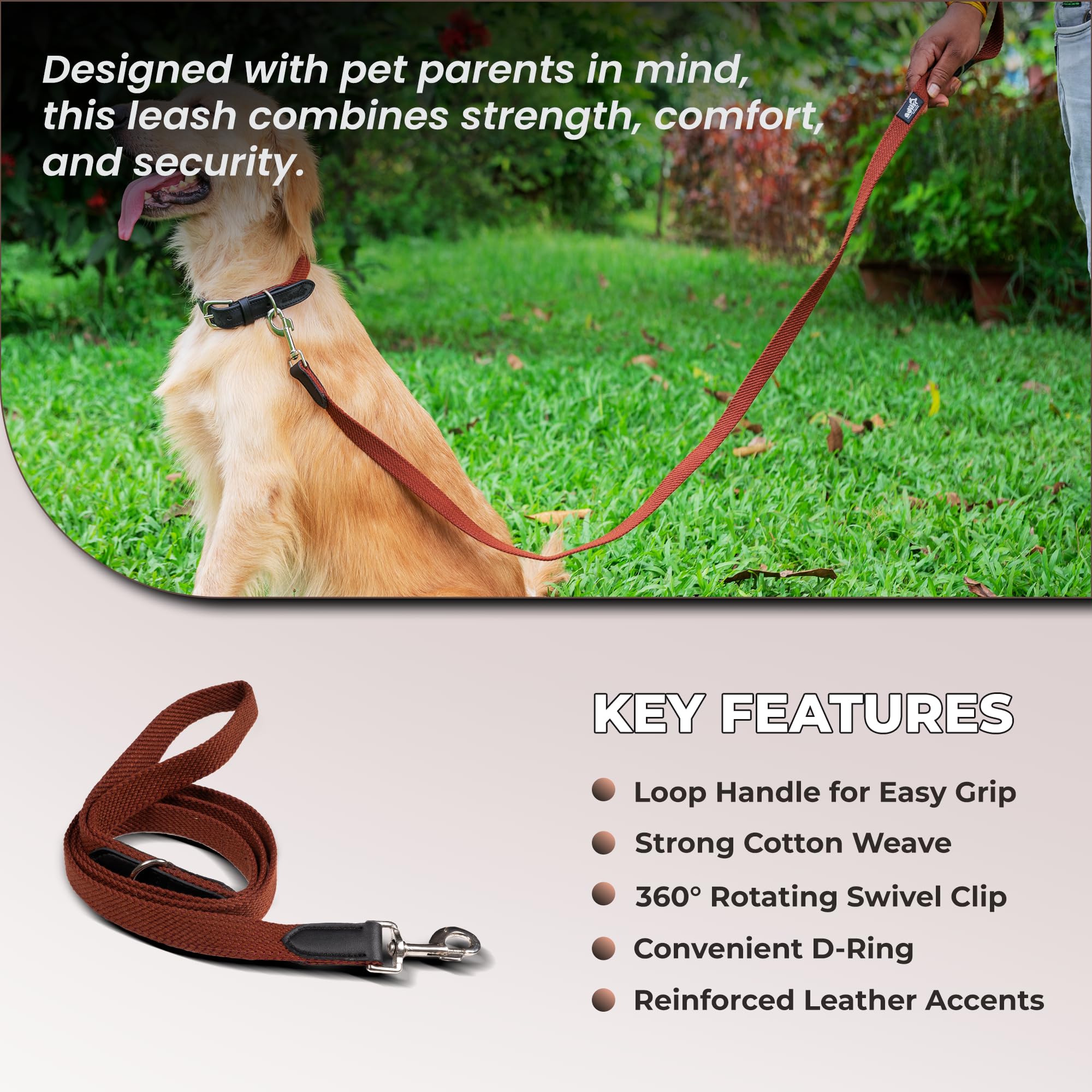 Adil’s 5FT Adjustable Cotton Dog Leash with Soft Leather Handle – Durable Long Lead with 360° Swivel Hook – Strong, Tangle-Free Leash for Walking & Training Small, Medium & Large Dogs