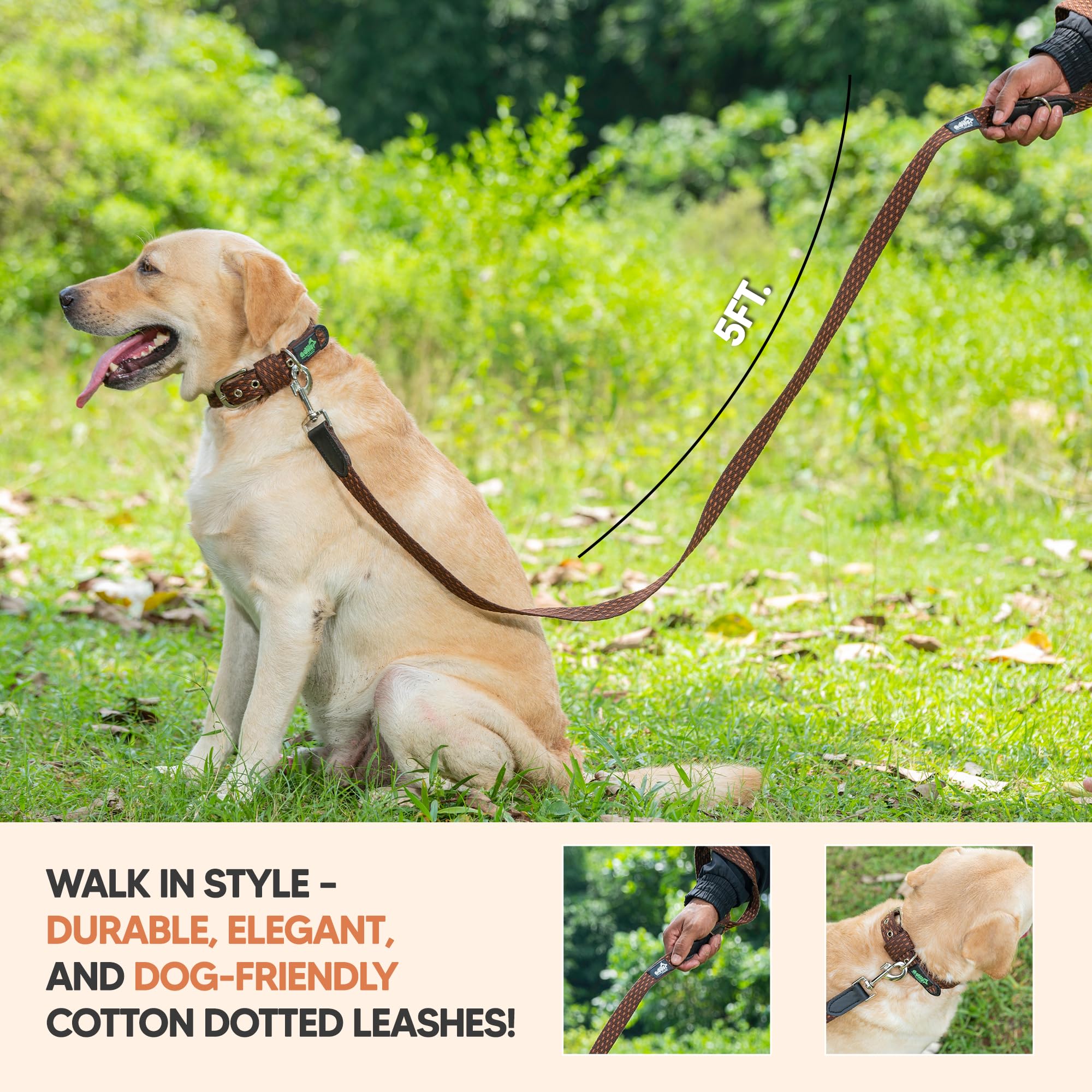 Adil’s 5ft Cotton Dotted Dog Leash with Leather Grip & 360° Swivel Hook – Durable, Comfy & Tangle-Free for All Dog Sizes