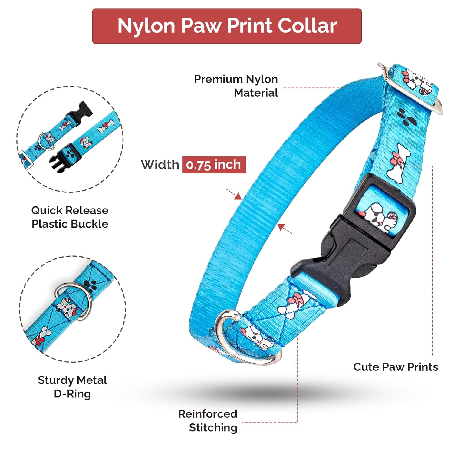 Adil's Nylon Paw Print Dog Collar & Leash Combo Set Quick Release Buckle 360° Swivel Hook Leather Accents 0.75 Inch Collar 5Ft Lead Walking Training for Small Medium Pets