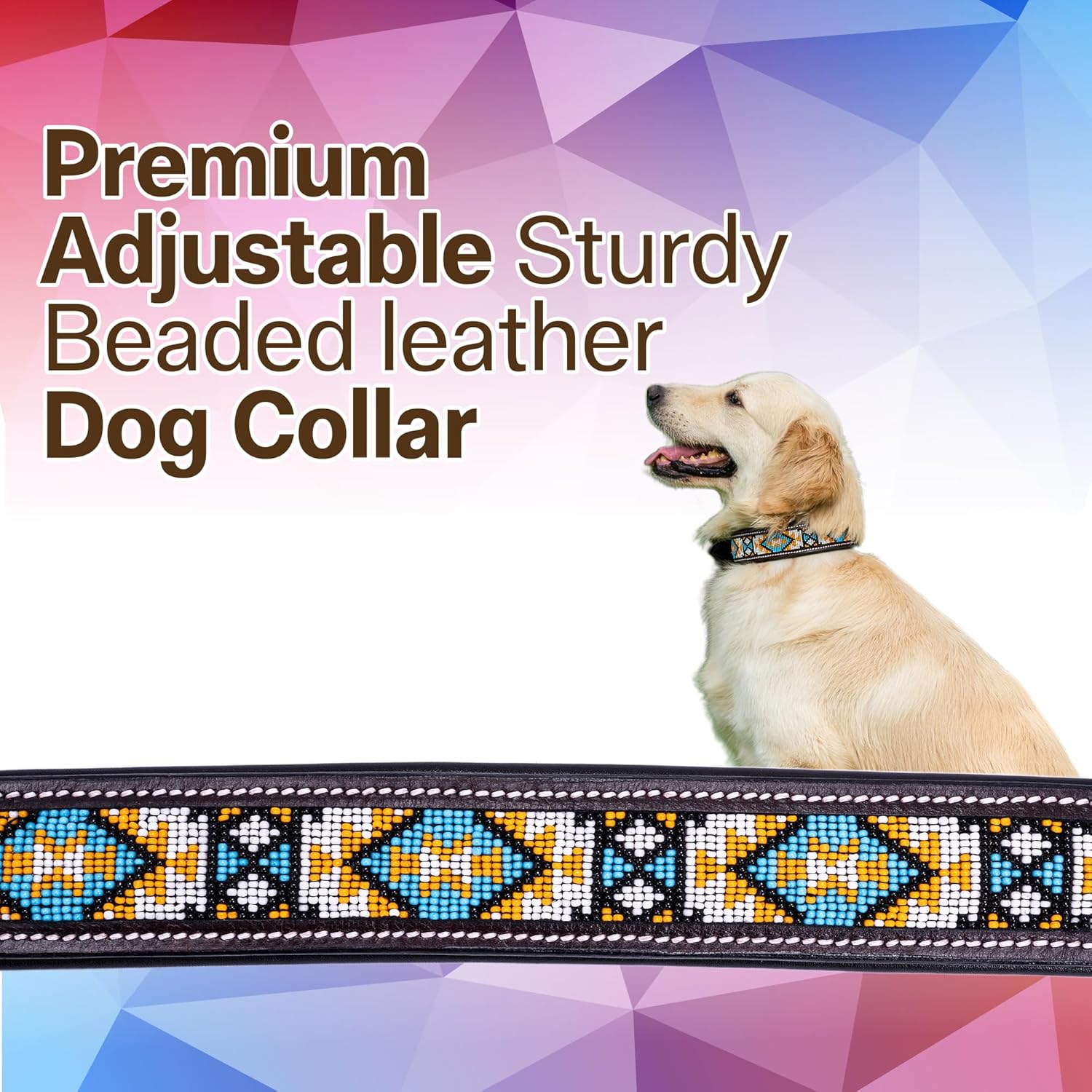 Adil’S Beaded Leather Dog Collar 1.5 Inch Width, for Small, Medium & Large Dogs, Hand Tooled Adjustable Beaded Dog Collars with Strong Metal Buckle & D-Ring