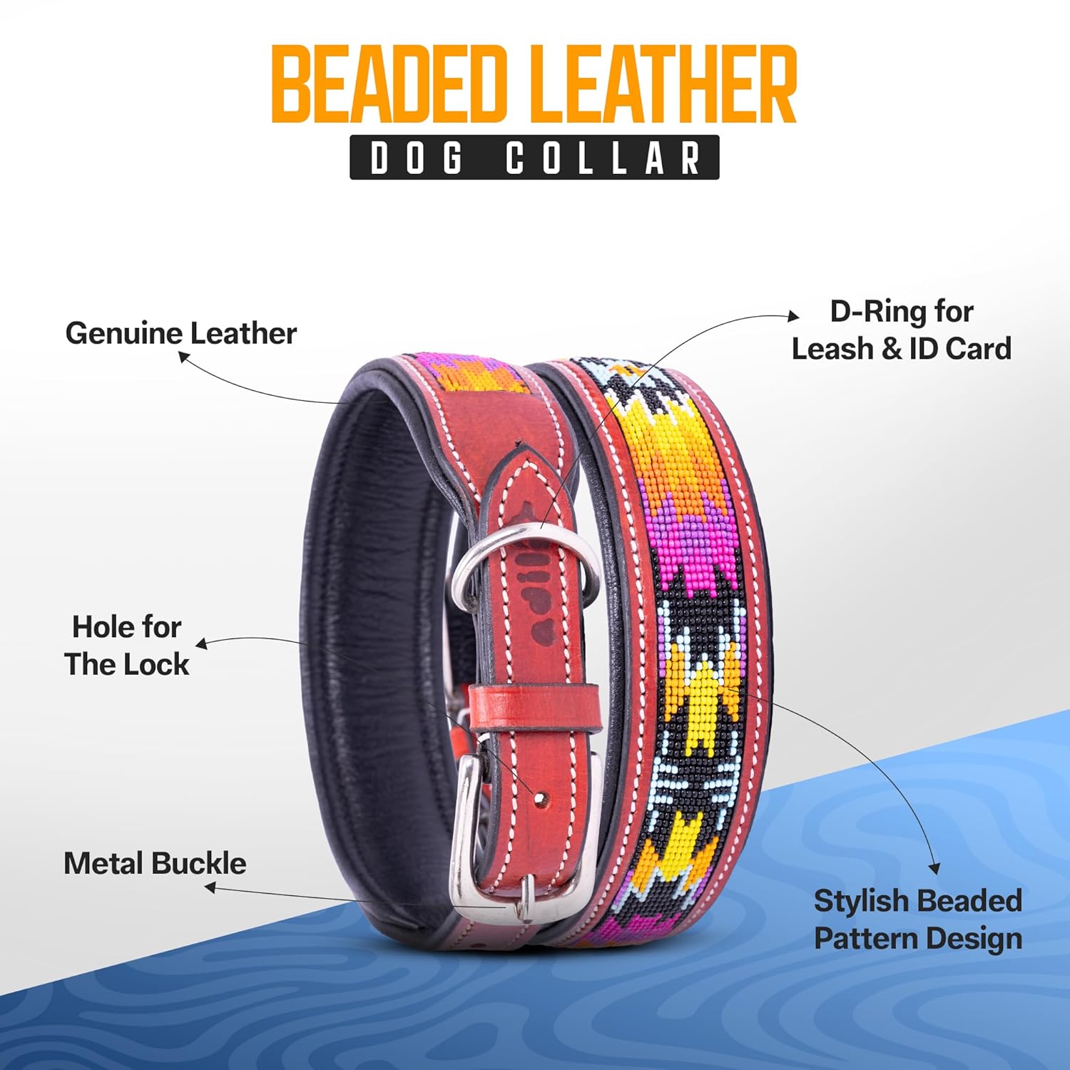 Adil’S Beaded Leather Dog Collar 1.5 Inch Width, Hand Tooled Adjustable Beaded Dog Collars with Strong Metal Buckle & D-Ring Suitable Dogs