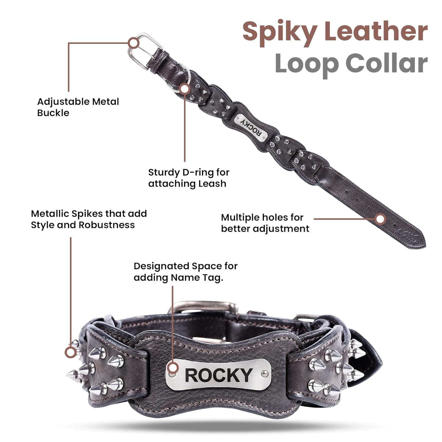 Adil’s Personalized Leather Loop Spike Dog Collar & Leash Combo Set 1.5" Wide Adjustable Neckbelt Metal Buckle D-Ring 5Ft Leather Heavy Duty Loop Cord with 360 Swivel Hook for Training Walking