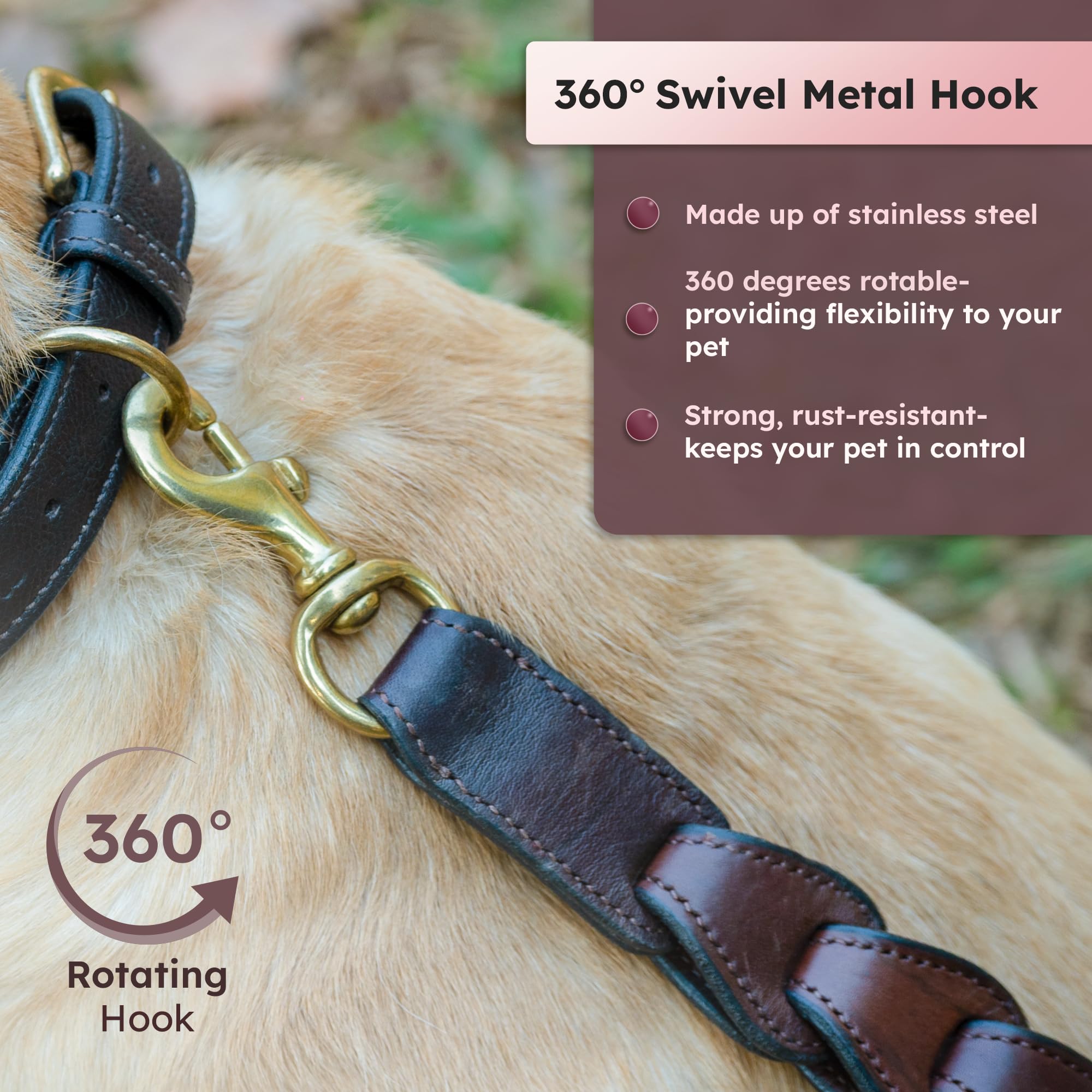 Adil's Premium Softy Leather Dog Leash 5ft Long 1 Inch Wide Braided Leash with Loop Handle 360° Golden Swivel Hook Strong D-Ring Durable Walking Training Lead for Small Medium Large Pets