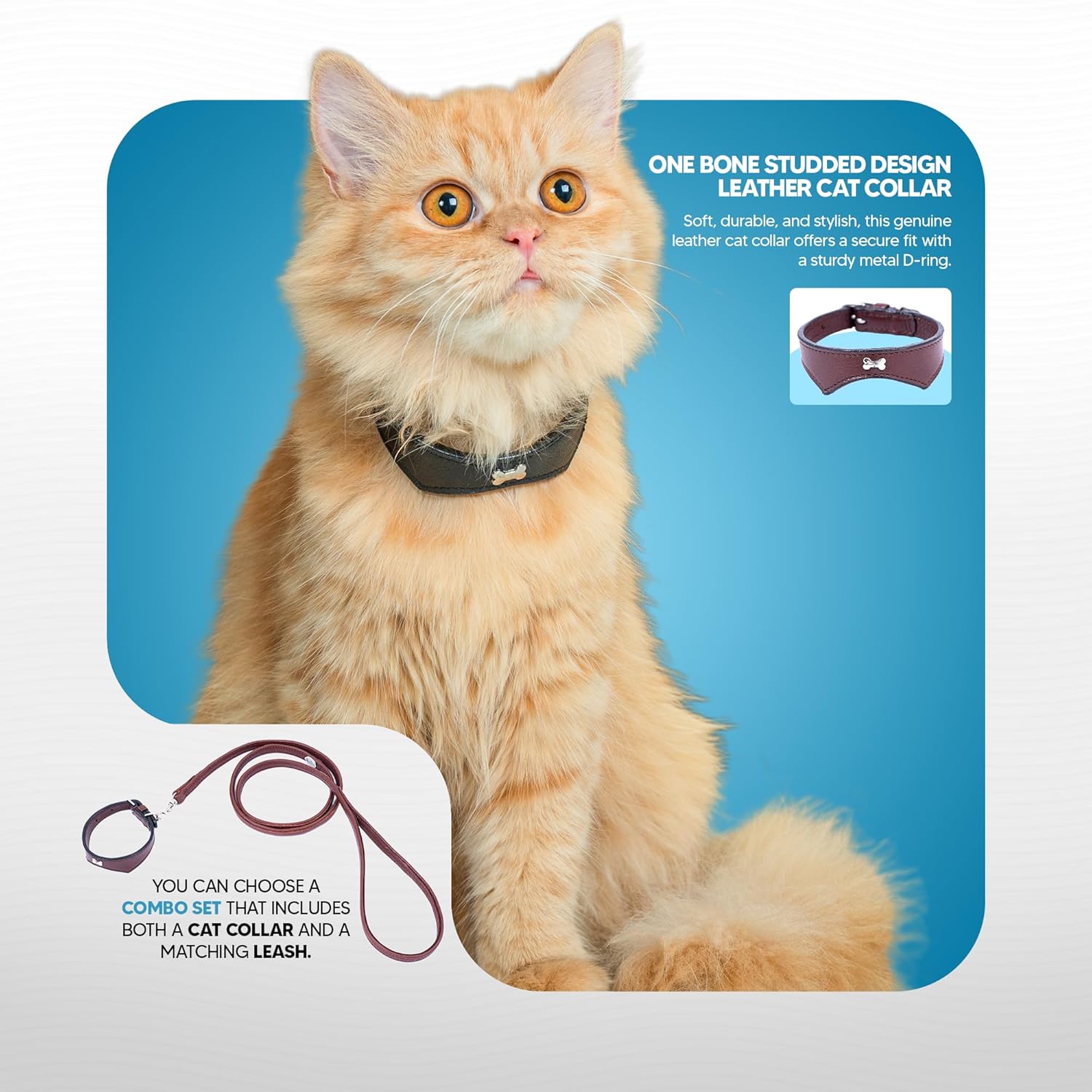 Adil’S Leather Cat Collar - Stylish Single Bone Studded Design, Breakaway Soft pet Collar, Adjustable Metal Buckle with Strong D-Ring for Leash attachments for Outdoor Adventures (Black)