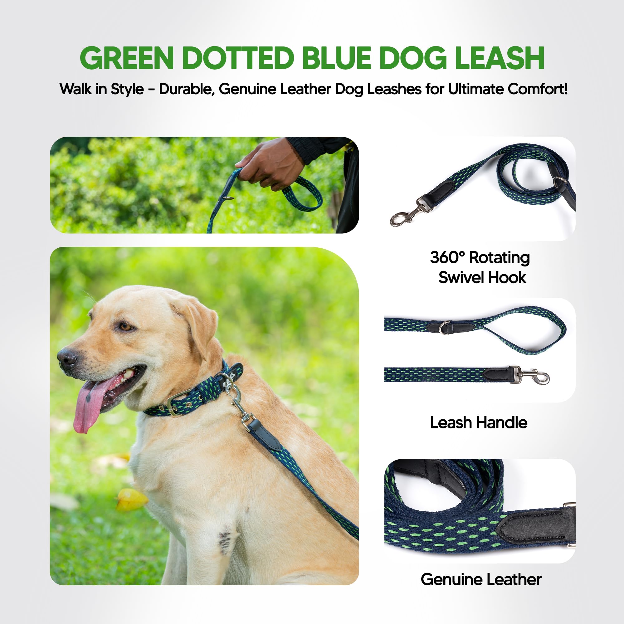 Adil’s 5ft Cotton Dotted Dog Leash with Leather Grip & 360° Swivel Hook – Durable, Comfy & Tangle-Free for All Dog Sizes