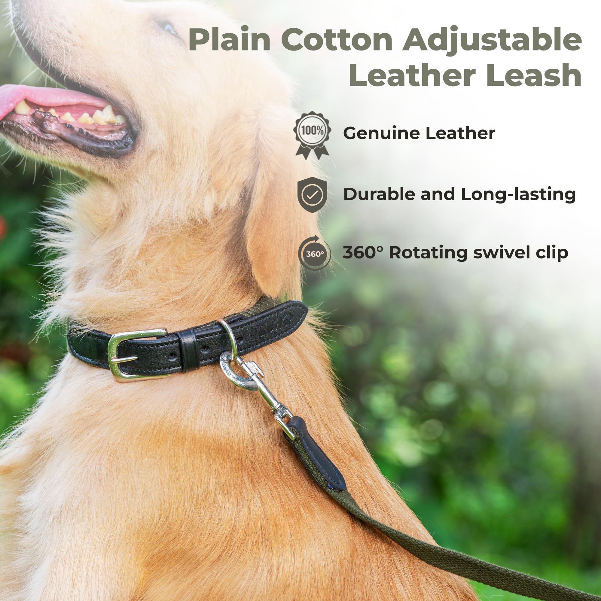 Adil’s 5FT Adjustable Cotton Dog Leash with Soft Leather Handle – Durable Long Lead with 360° Swivel Hook – Strong, Tangle-Free Leash for Walking & Training Small, Medium & Large Dogs