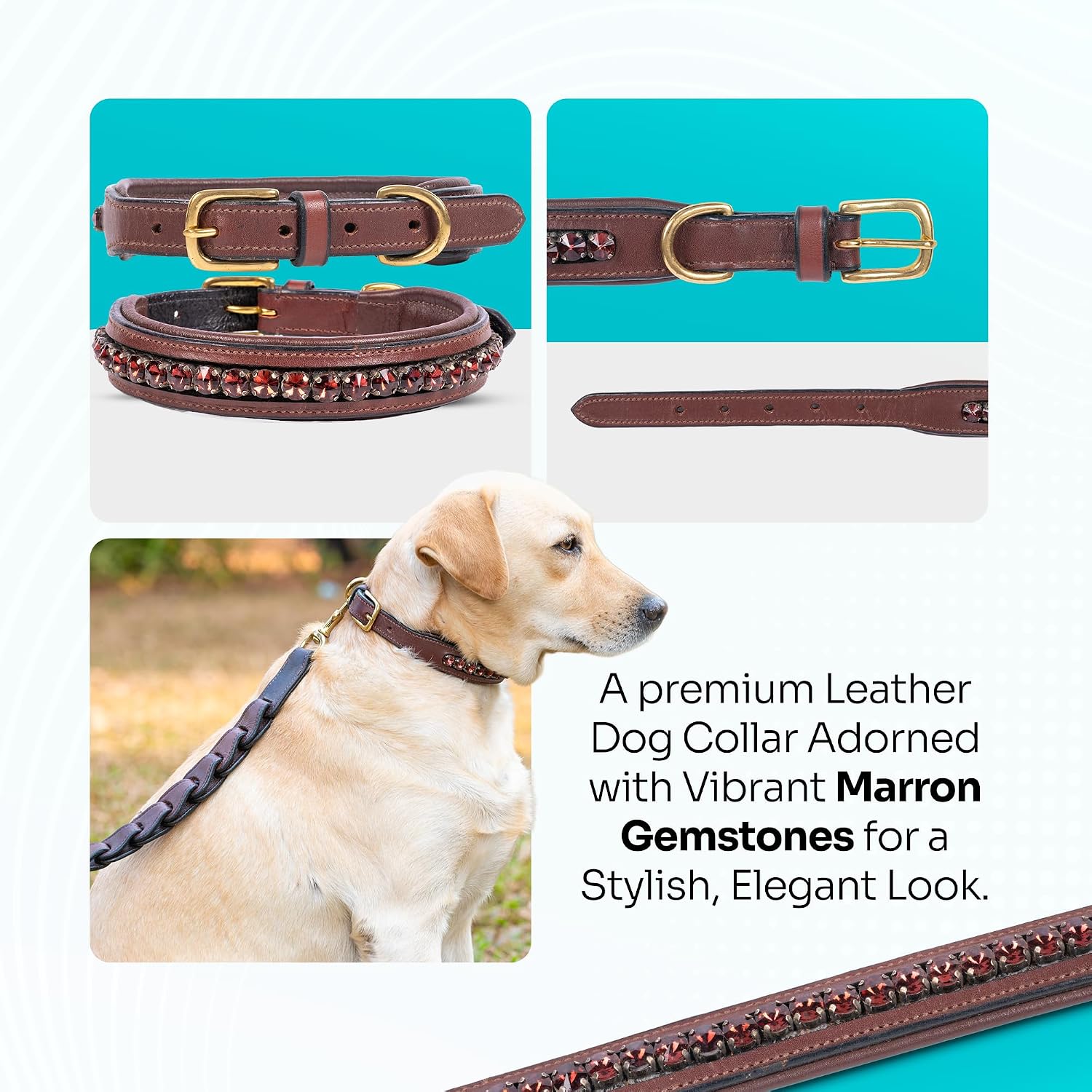 Adil’s Crystal Dog Collar, 1 inch Wide Green Gemstone Chain Leather Dog Collars for Small Medium Large Dogs, Adjustable Collars with Strong Metal Buckle & D-Ring