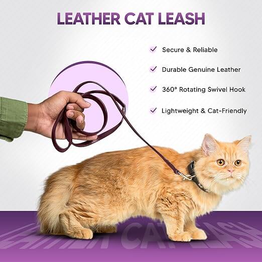 Adil’S Leather Cat Leash – Durable, Stylish & Comfortable Genuine Leather 4ft Long Leash with Secure Trigger Snap Hook for Safe Walks and Outdoor Adventures