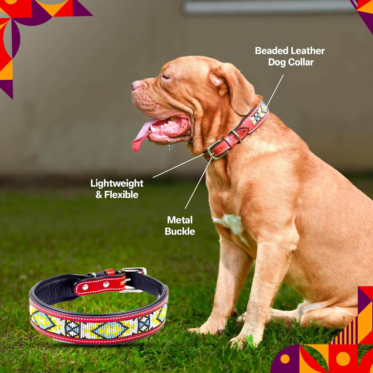 Adil’s Beaded Leather Dog Collar, Hand Tooled Adjustable with Strong Metal Buckle