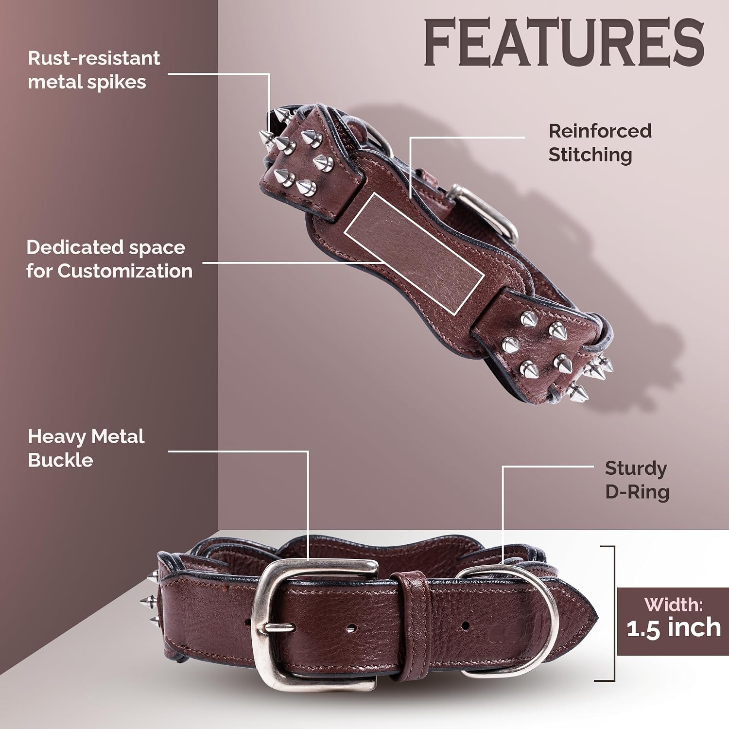 Adil's Personalized Softy Premium Leather Spiked Dog Collar – 1.5 Inch Wide Loop Design Heavy Duty Soft Padded Neckbelt, Sturdy Stainless Steel Buckle & D-Ring for Small, Medium & Large Pets