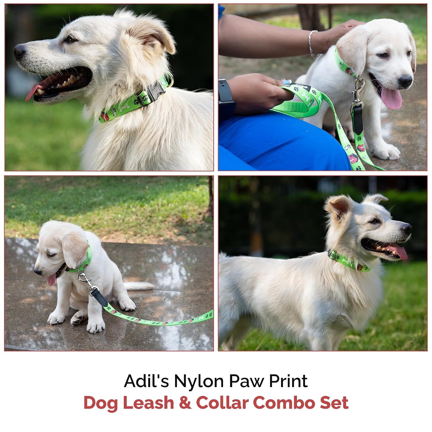 Adil's Nylon Paw Print Dog Collar & Leash Combo Set Quick Release Buckle 360° Swivel Hook Leather Accents 0.75 Inch Collar 5Ft Lead Walking Training for Small Medium Pets