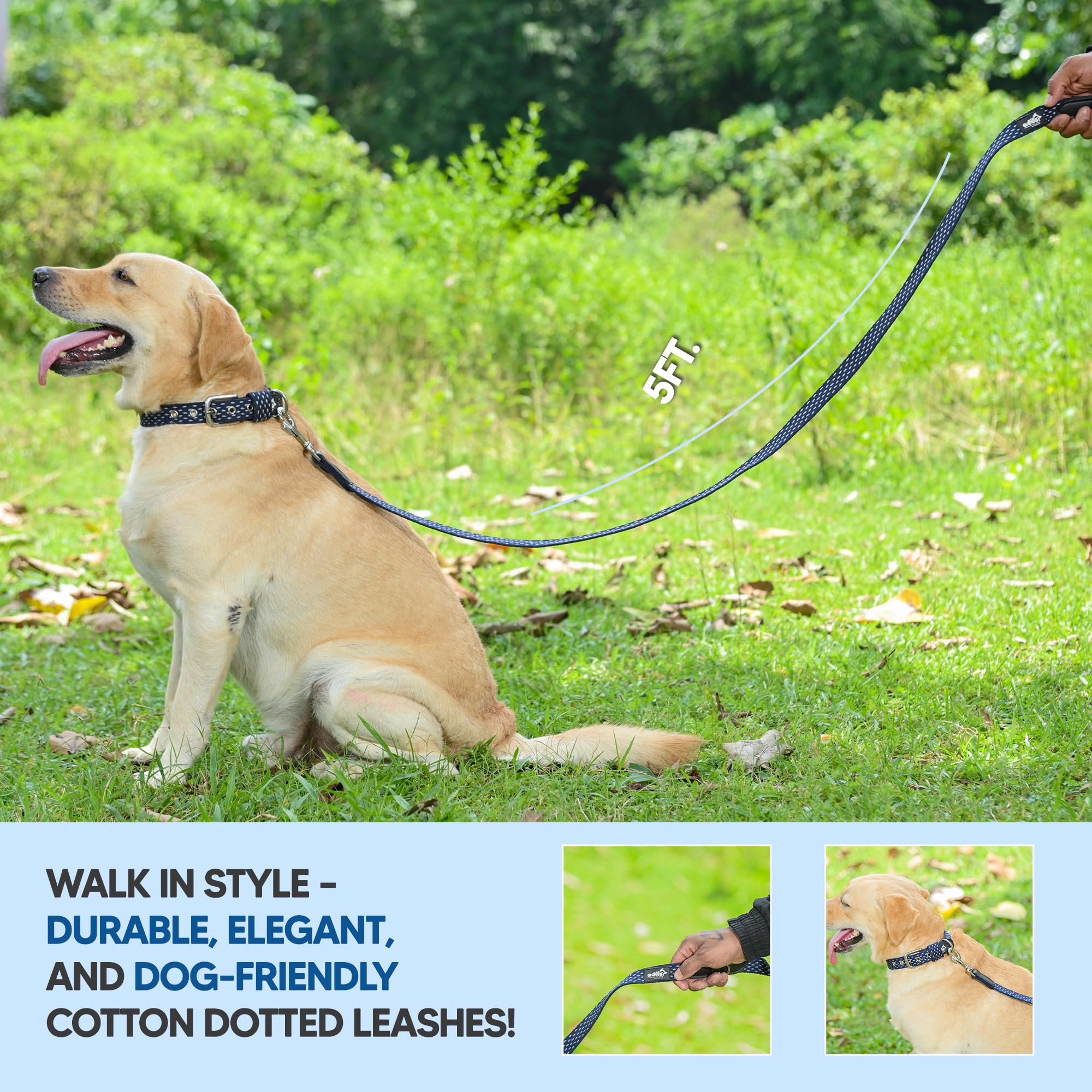 Adil’s 5ft Cotton Dotted Dog Leash with Leather Grip & 360° Swivel Hook – Durable, Comfy & Tangle-Free for All Dog Sizes