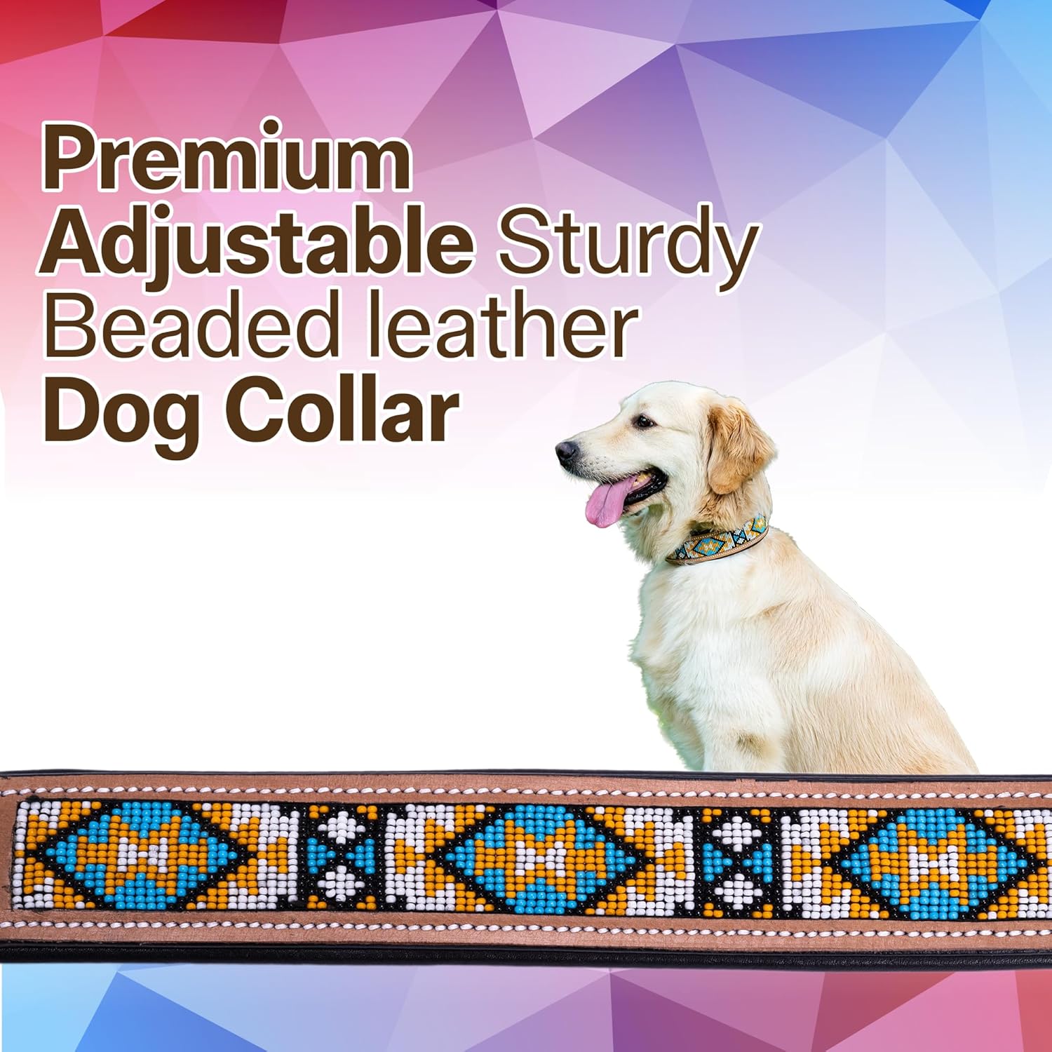 Adil’S Beaded Leather Dog Collar 1.5 Inch Width, for Small, Medium & Large Dogs, Hand Tooled Adjustable Beaded Dog Collars with Strong Metal Buckle & D-Ring