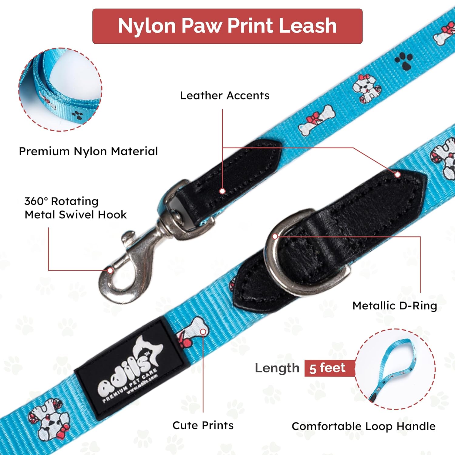 Adil's Nylon Paw Print Dog Collar & Leash Combo Set Quick Release Buckle 360° Swivel Hook Leather Accents 0.75 Inch Collar 5Ft Lead Walking Training for Small Medium Pets