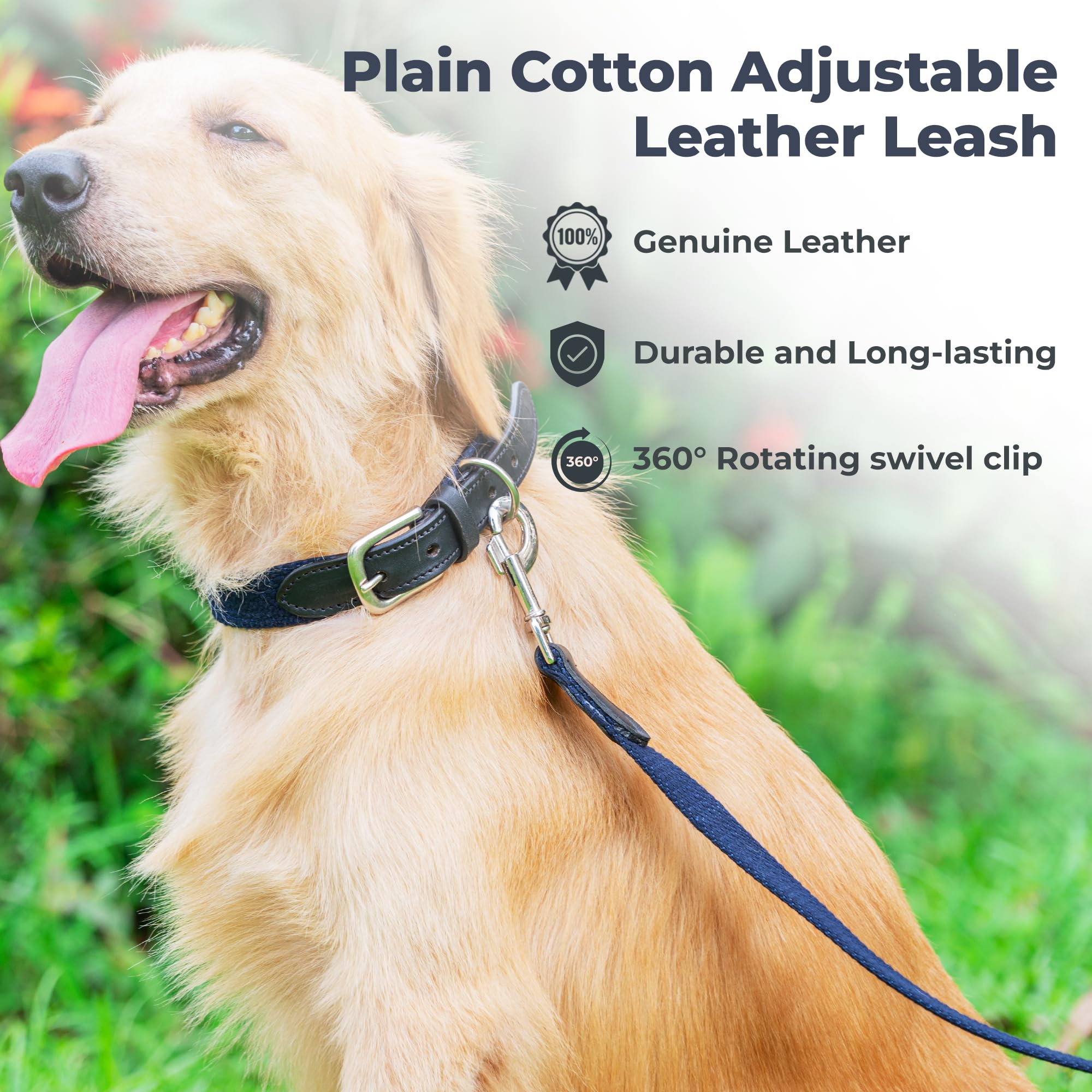 Adil’s 5FT Adjustable Cotton Dog Leash with Soft Leather Handle – Durable Long Lead with 360° Swivel Hook – Strong, Tangle-Free Leash for Walking & Training Small, Medium & Large Dogs