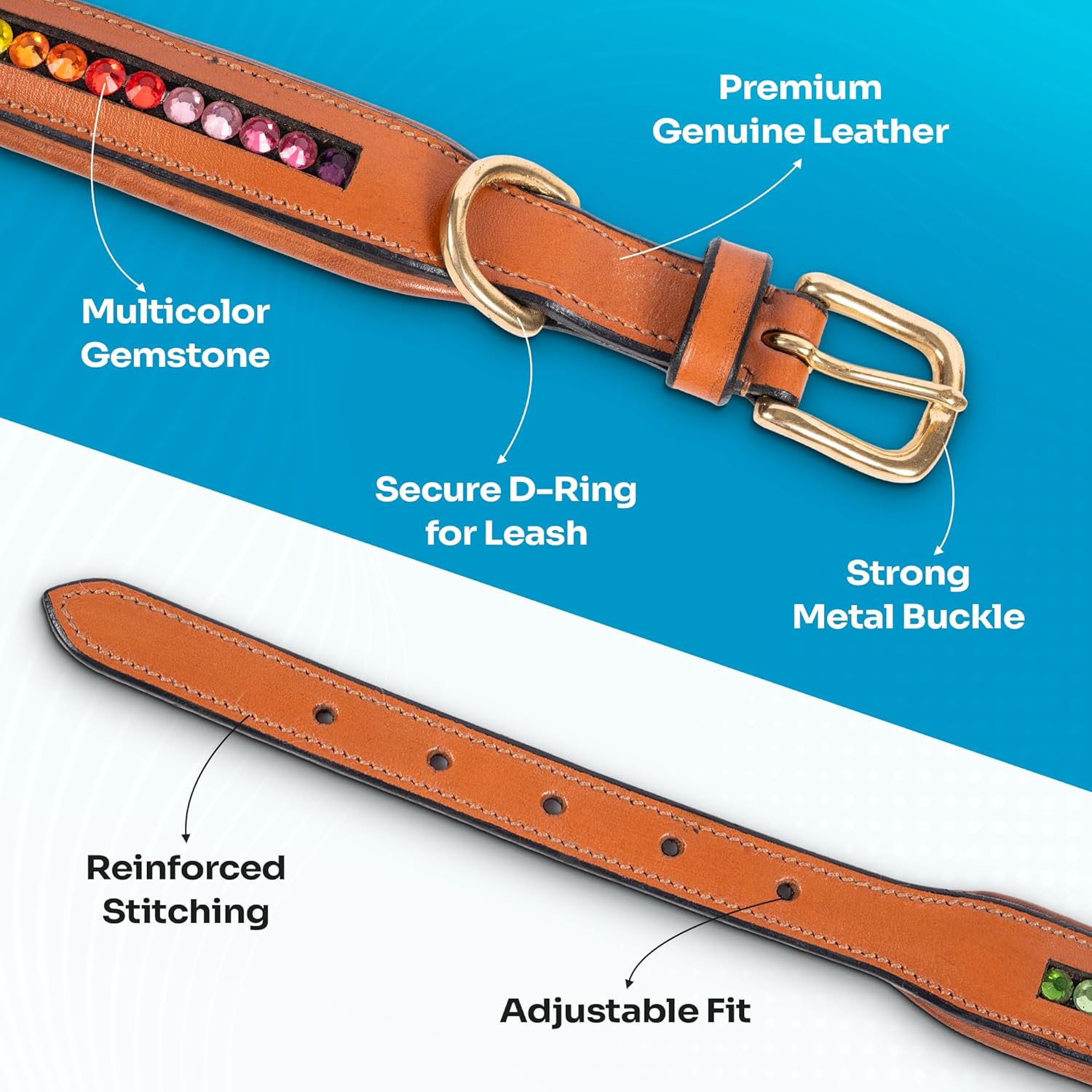 Adil’s Crystal Dog Collar, 1 inch Wide Green Gemstone Chain Leather Dog Collars for Small Medium Large Dogs, Adjustable Collars with Strong Metal Buckle & D-Ring