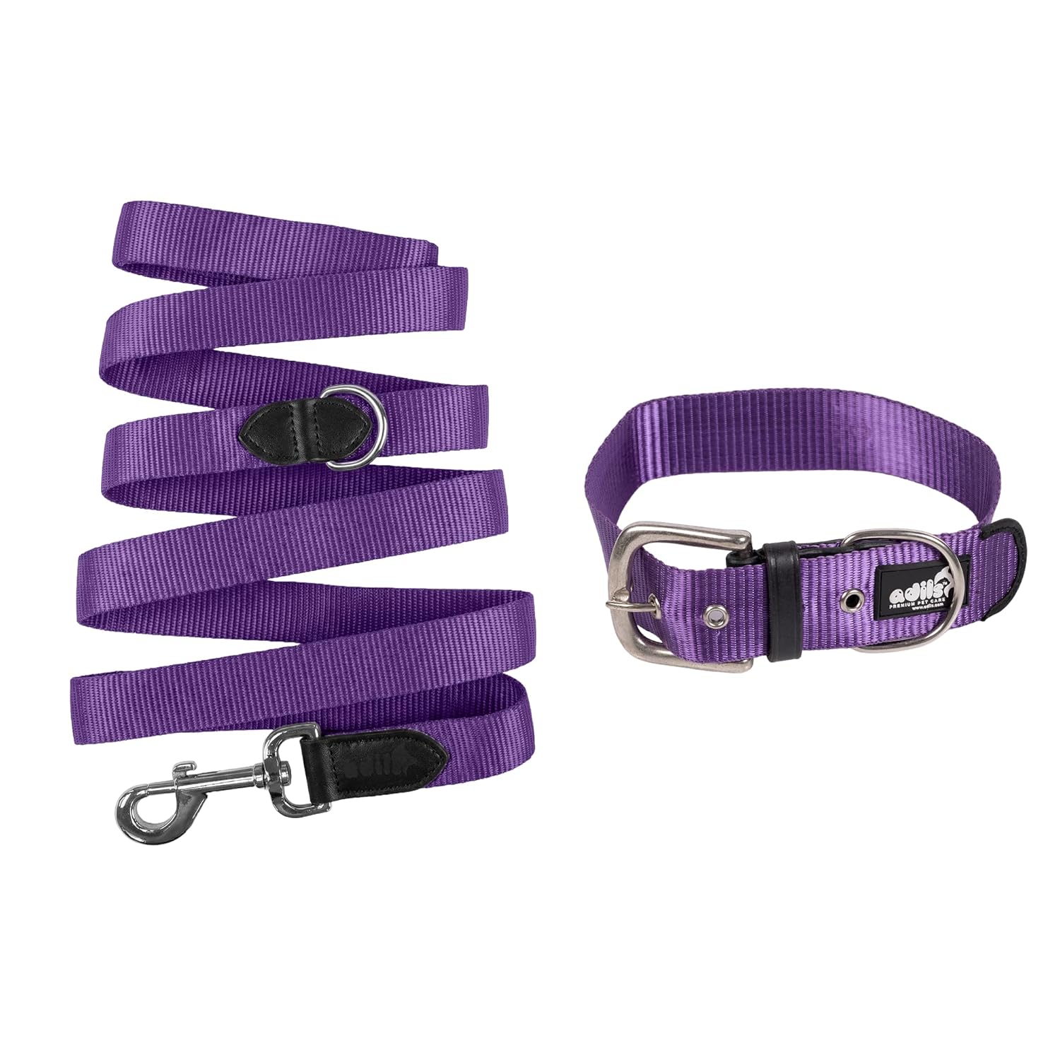 Adil’s Nylon Dog Collar & Leash Combo Set 1.5 Inch Wide Adjustable Collar with Strong Metal Buckle & D-Ring, 5 Ft Durable Leash with 360° Swivel Hook Pets