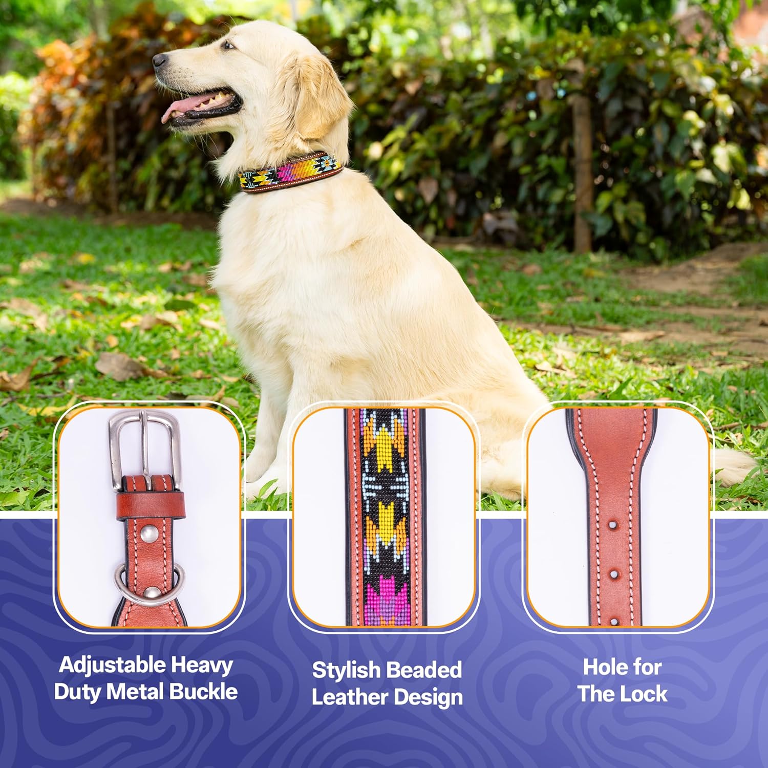 Adil’S Beaded Leather Dog Collar 1.5 Inch Width, Hand Tooled Adjustable Beaded Dog Collars with Strong Metal Buckle & D-Ring Suitable Dogs