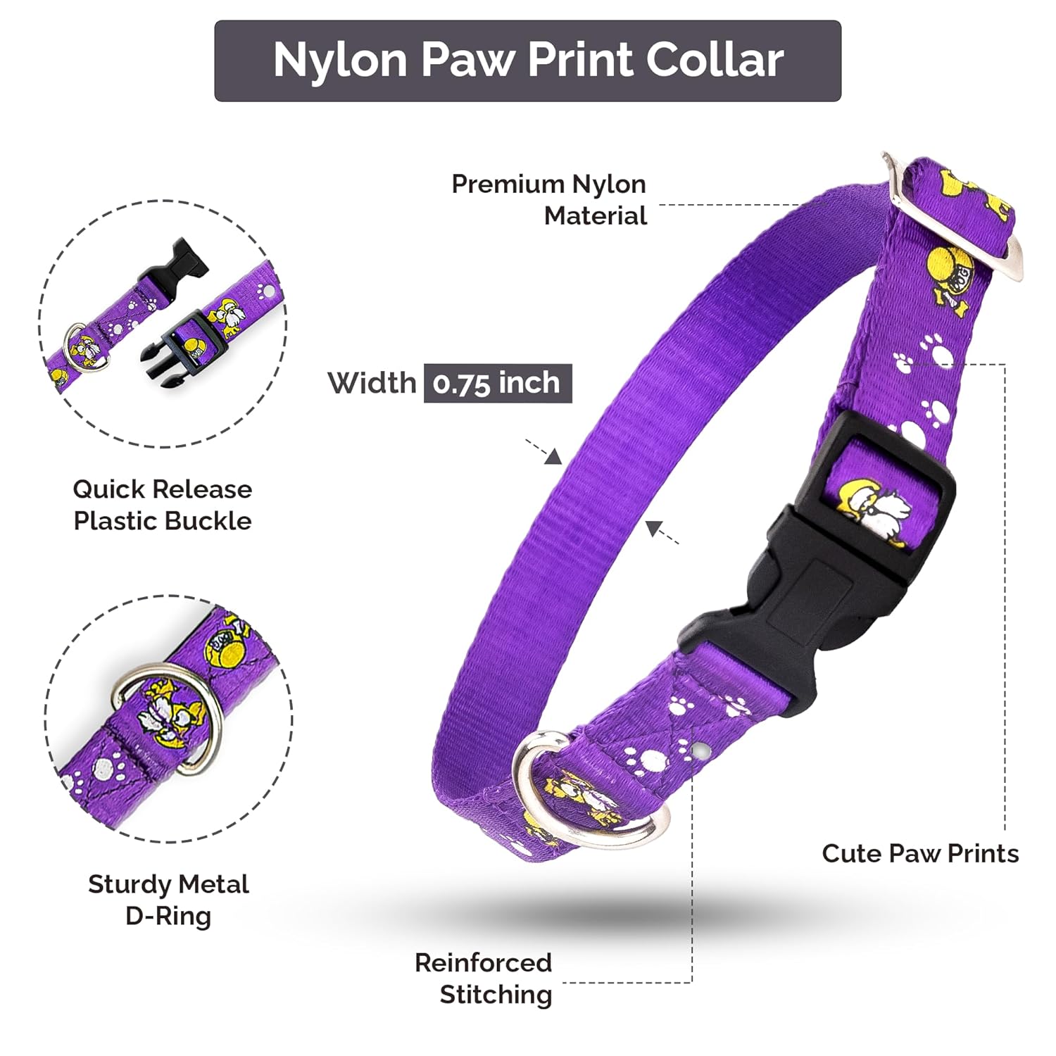 Adil's Nylon Paw Print Dog Collar & Leash Combo Set Quick Release Buckle 360° Swivel Hook Leather Accents 0.75 Inch Collar 5Ft Lead Walking Training for Small Medium Pets