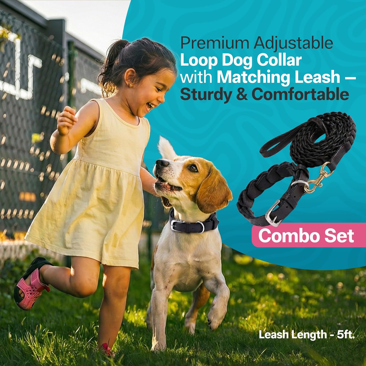 Adil’s Genuine Leather Loop Dog Collar & Leash Combo Set – 5ft Loop Leash Strong Stitch Finish Soft Padded Adjustable Collar with Metal Buckle D-Ring for Small Medium Large Dogs