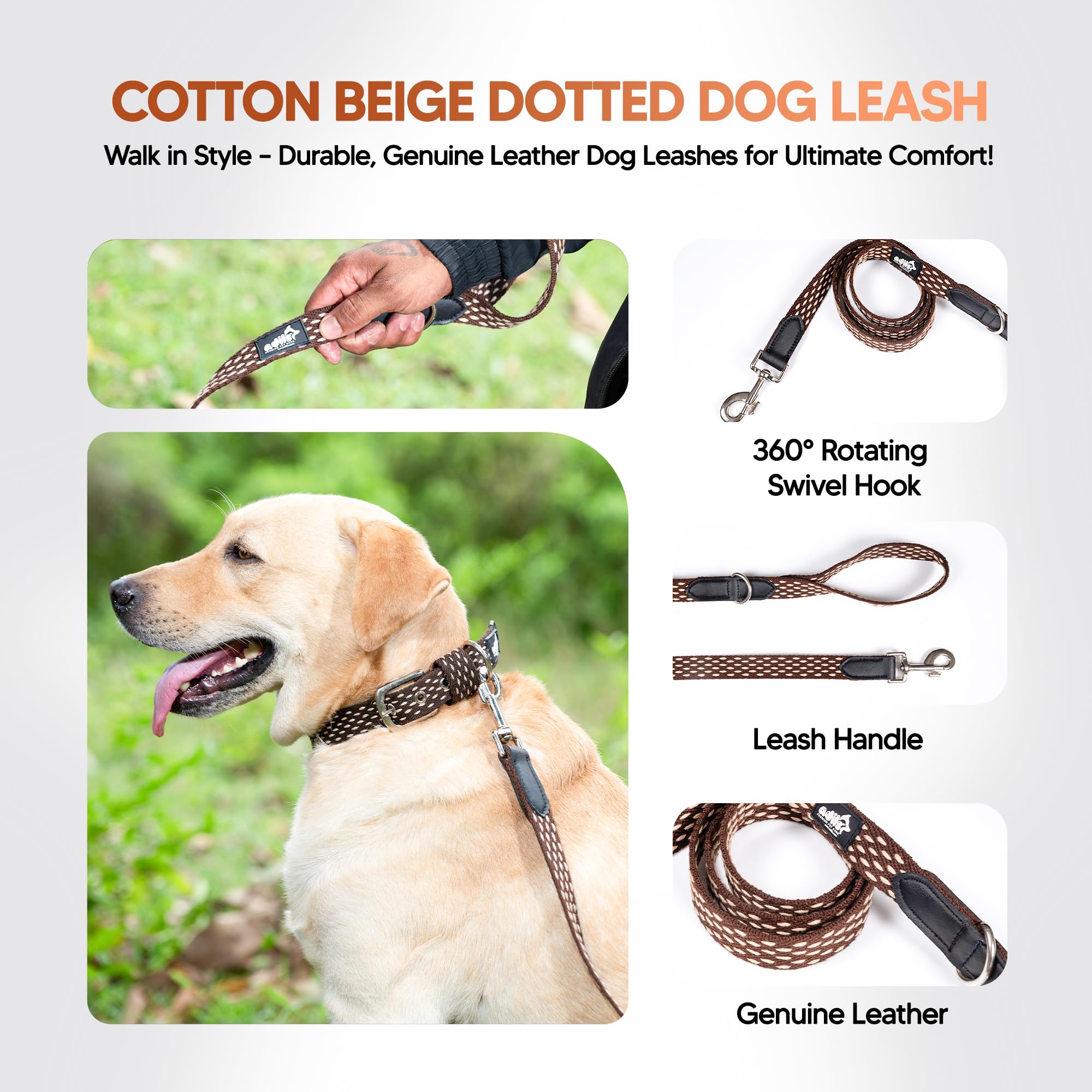 Adil’s 5ft Cotton Dotted Dog Leash with Leather Grip & 360° Swivel Hook – Durable, Comfy & Tangle-Free for All Dog Sizes