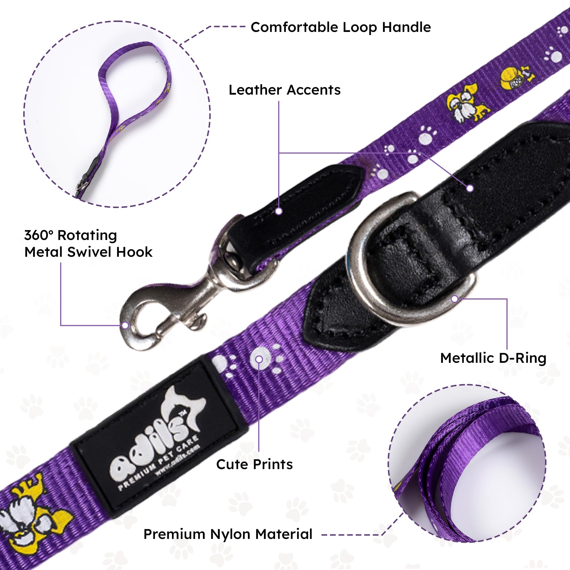 Adil’s Nylon Paw Print Dog Leash – 19mm Wide 5ft Long Durable Lead with 360° Swivel Hook Loop Handle Metal D-Ring Walking Training for Small Medium Pets